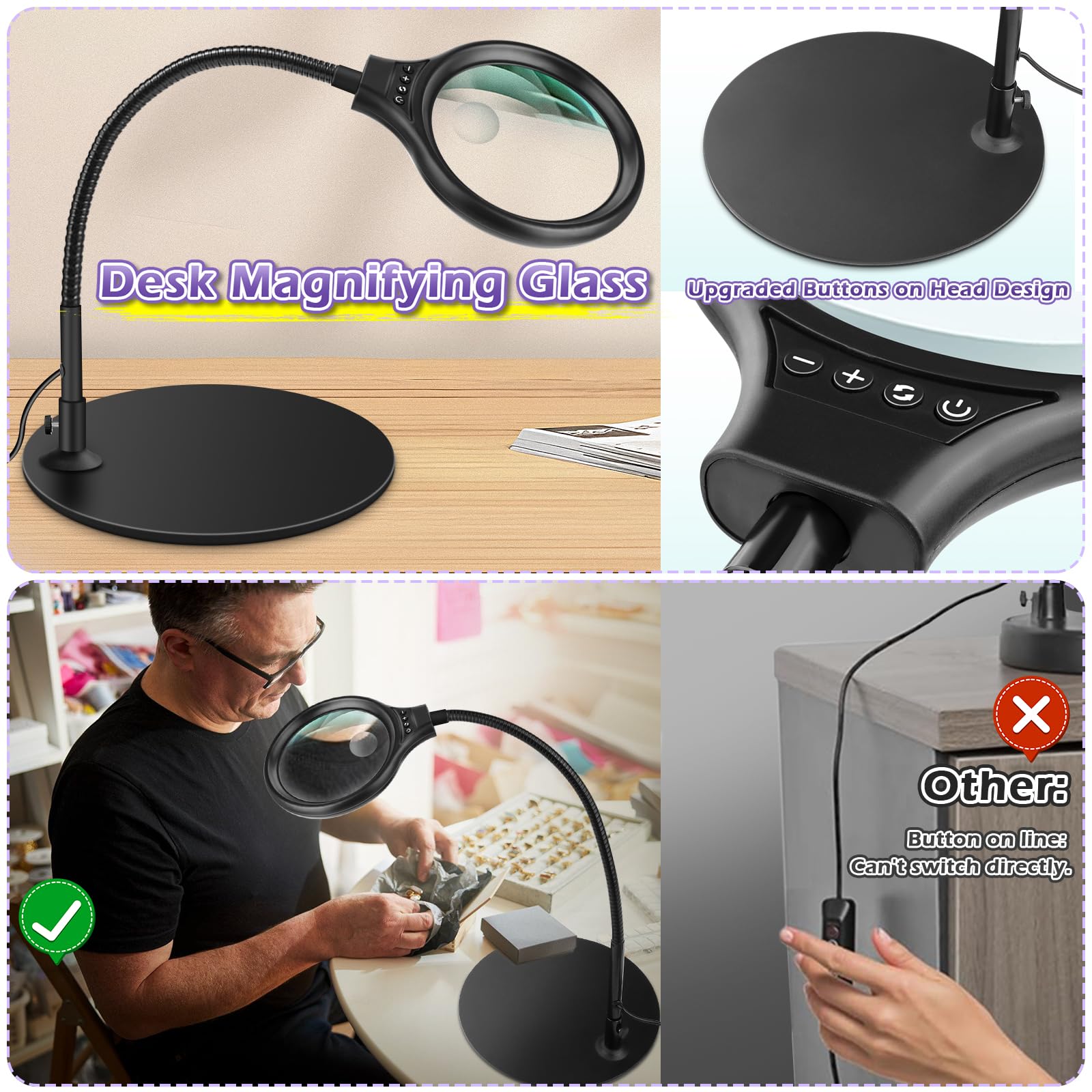 10X 20X Desk Magnifying Glass With Light And Stand, Large Magnifying Lamp With 3 Color Modes Lighted Magnifying Light For Crafts
