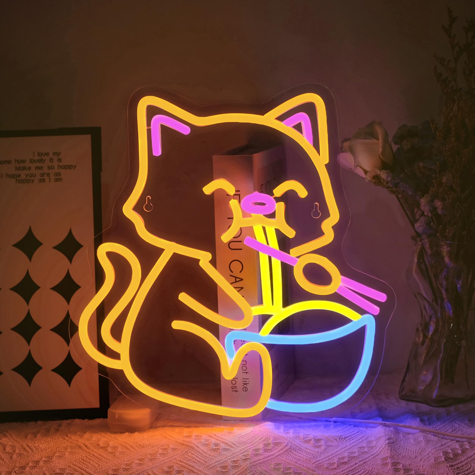 Virlusy Cat Ramen Neon Sign, Dimmable LED Light for Wall Decor, Medium, Acrylic, Yellow Blue Pink, Model YL-Cat