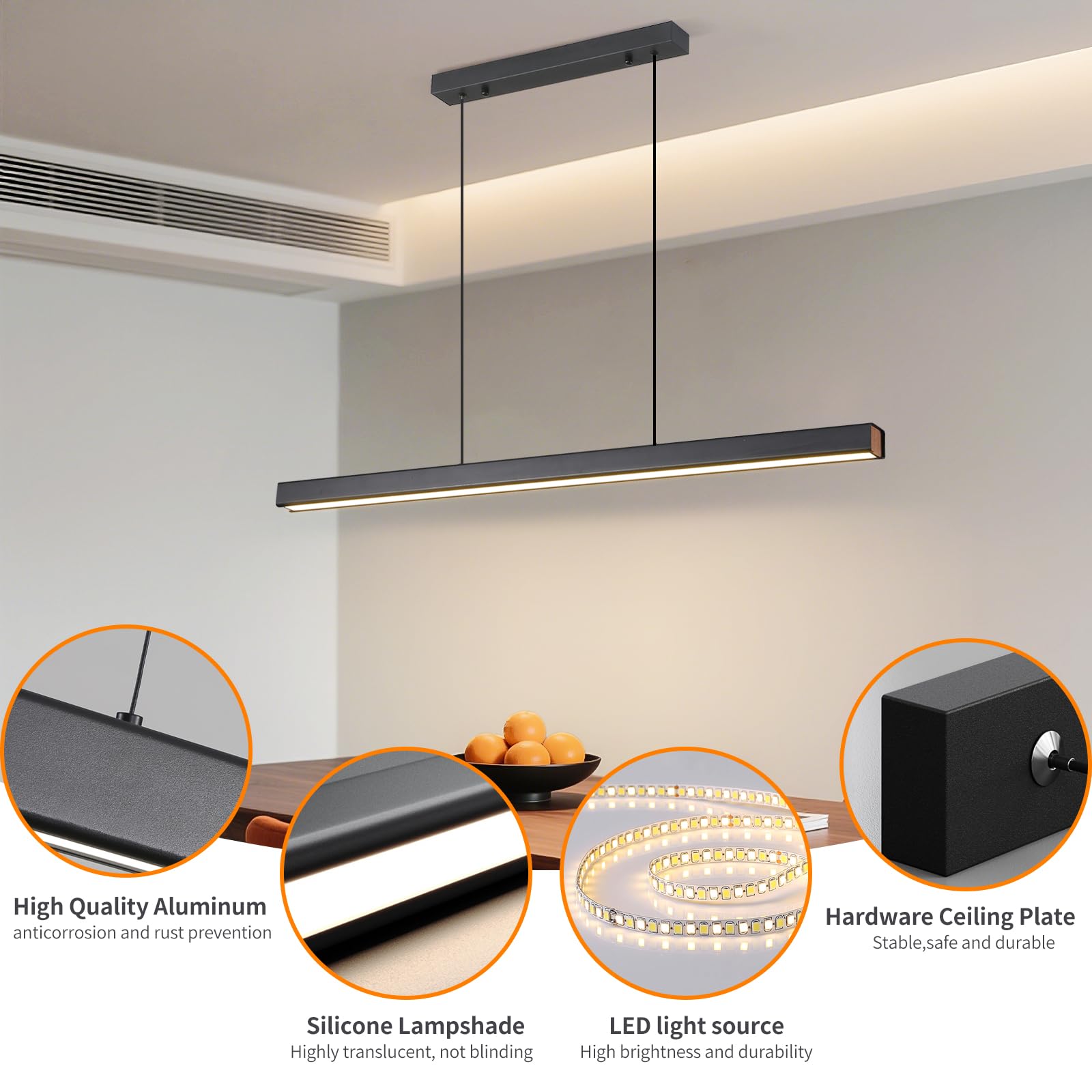 Mikeru Modern LED Linear Pendant Light, 70IN, Adjustable Color Temperature 3000K-6500K, Black, Aluminum, Model 444c0a0a-99d8
