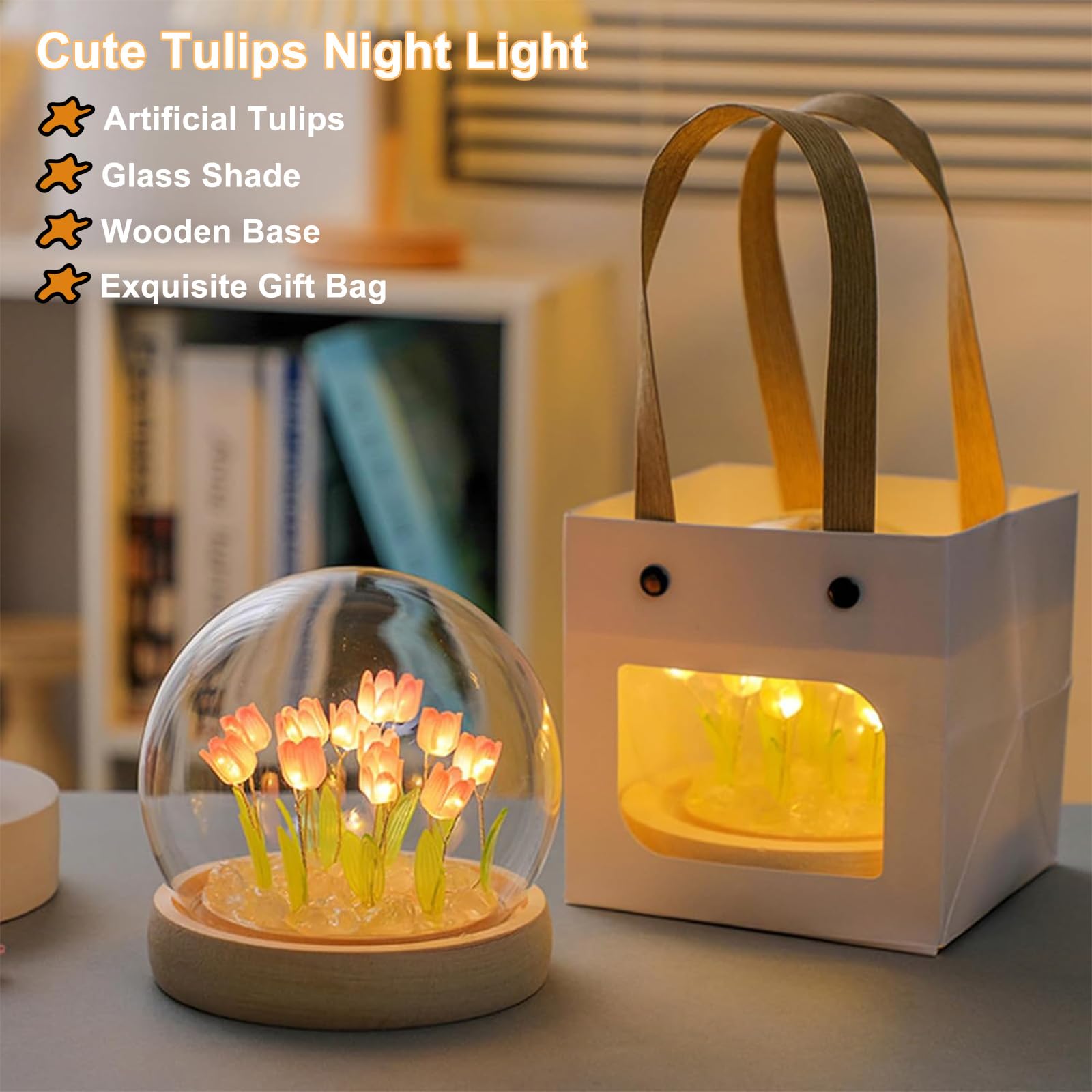 GUIGUZHJ Tulip Night Light - Pink Battery-Powered Flower Lamp with Glass Shade & Wooden Base - Ideal Gift for Women