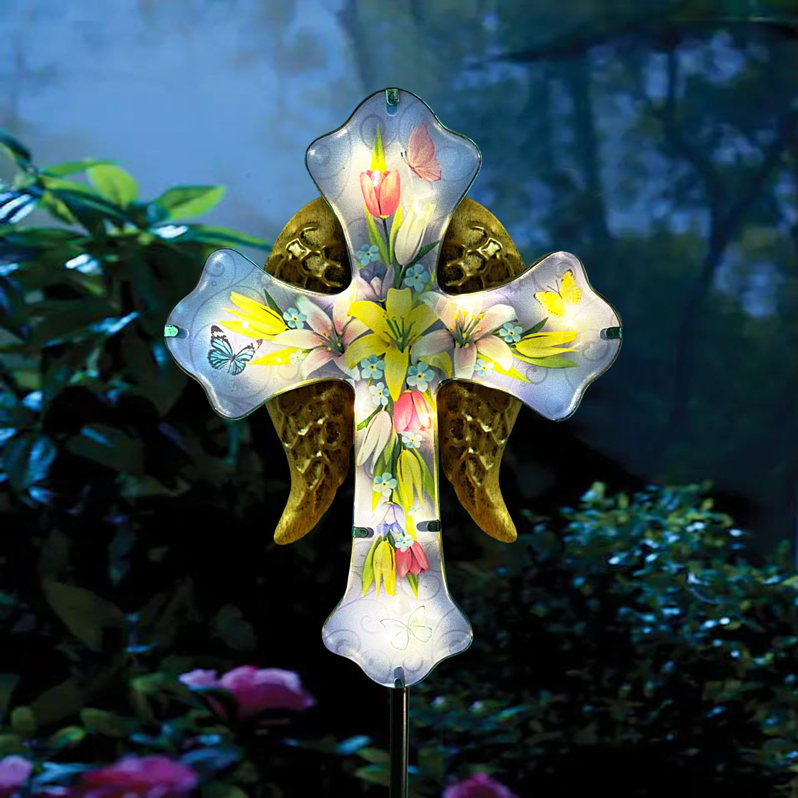 WAIU Solar Cross Garden Stake Lights,Metal Angel Wing & Acrylic Flowers Cross Solar Christmas Lights Outdoor,Waterproof Memorial