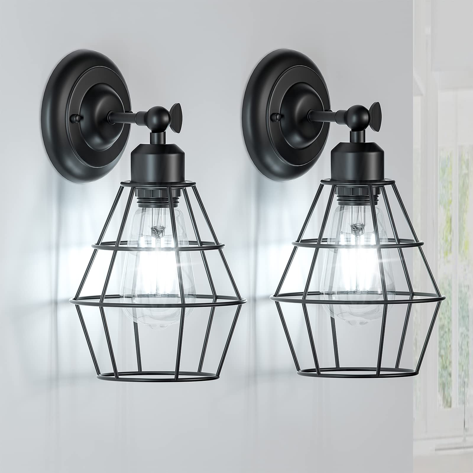 Elibbren Industrial Wall Sconce, Vintage Wire Cage Design, Metal, Black, 2 Pack