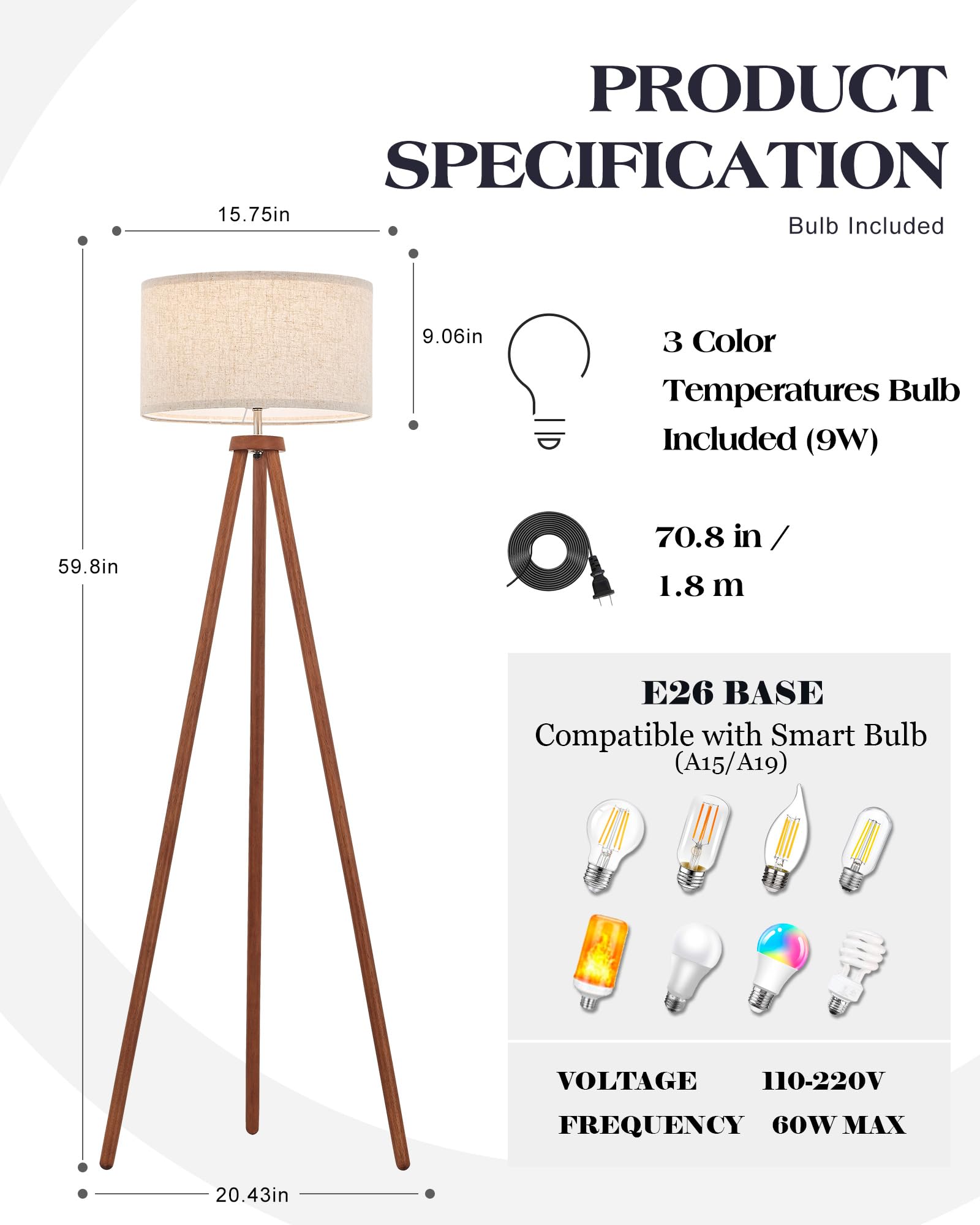 ELYONA Wood Tripod Floor Lamp - Vintage Style with LED Bulb, Beige Shade, Brown & Nickel Metal, Model UF1101-WB for Living Room & Office
