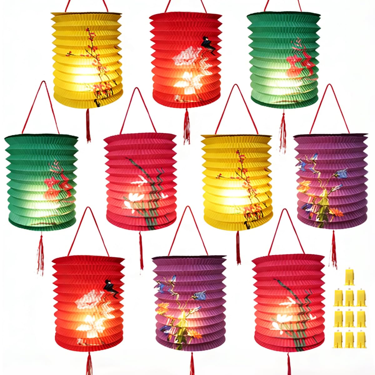 10PCS Chinese Lunar New Year Decorations 2026 Chinese Paper Lanterns Japanese Decorative Hanging Paper Lanterns with LED Lights 6.3inch Colorful for Spring Festival Valentine Party Decor