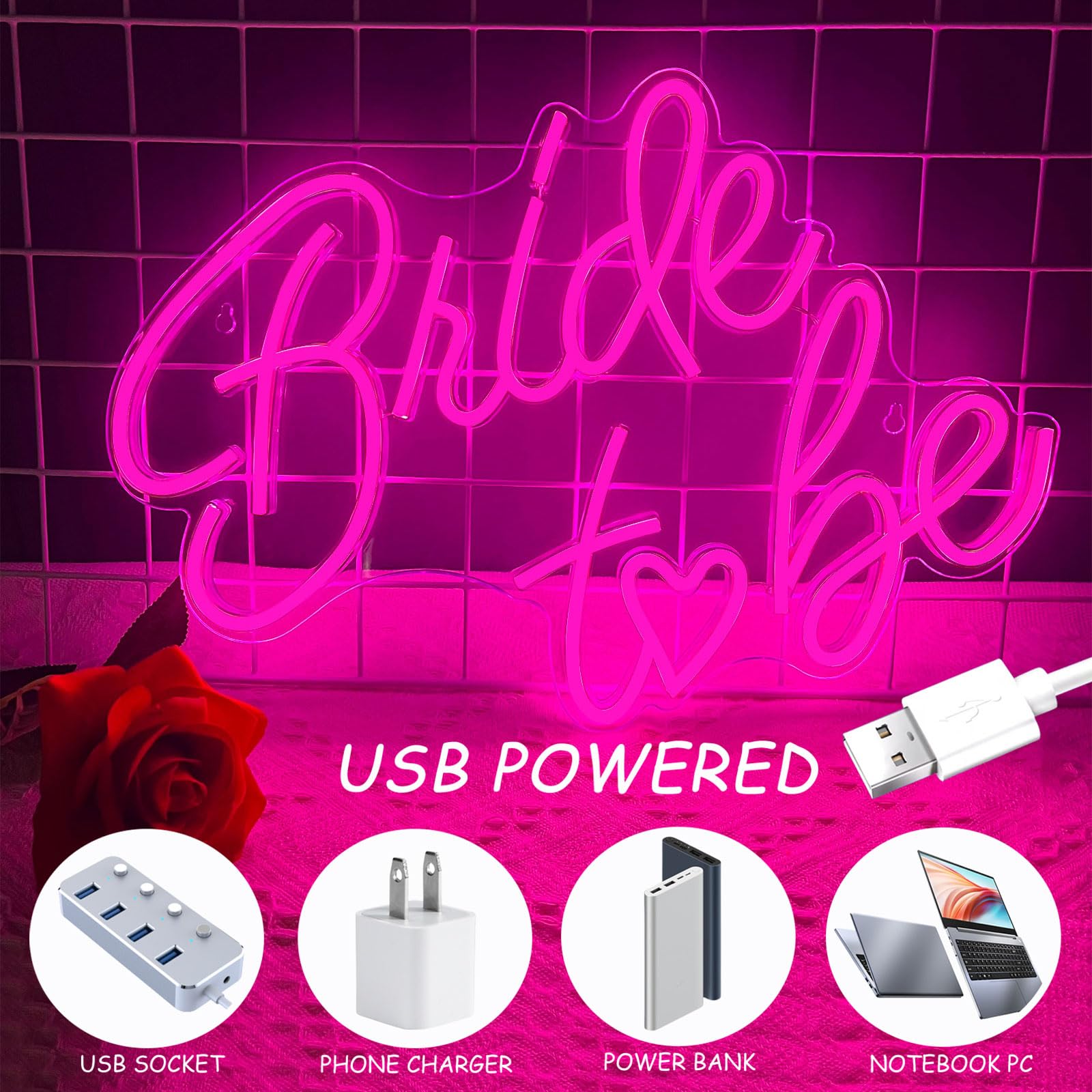 BerniceKelly Bride to be Neon Sign, Pink LED Light, 16.54 x 11.61 inches, USB for Bridal Shower, Bachelorette, Engagement Party