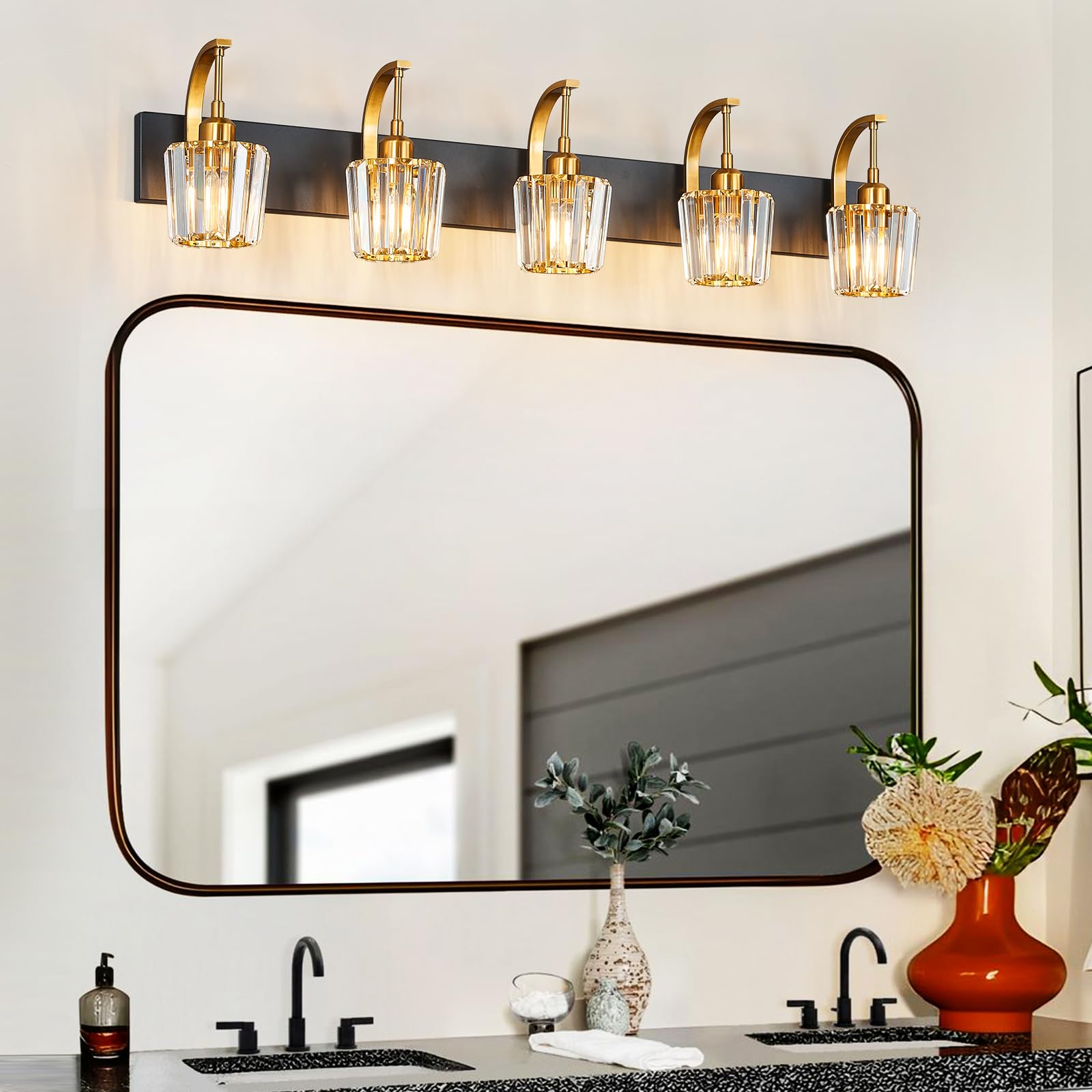 Fdpby Modern Bathroom Vanity Light  5-Light Black Gold Wall Sconce With Crystal Accents  Over Mirror Bathroom Lighting Fixture  42.52 Long Dimmable Vanity Lamp For Makeup  Easy Installation