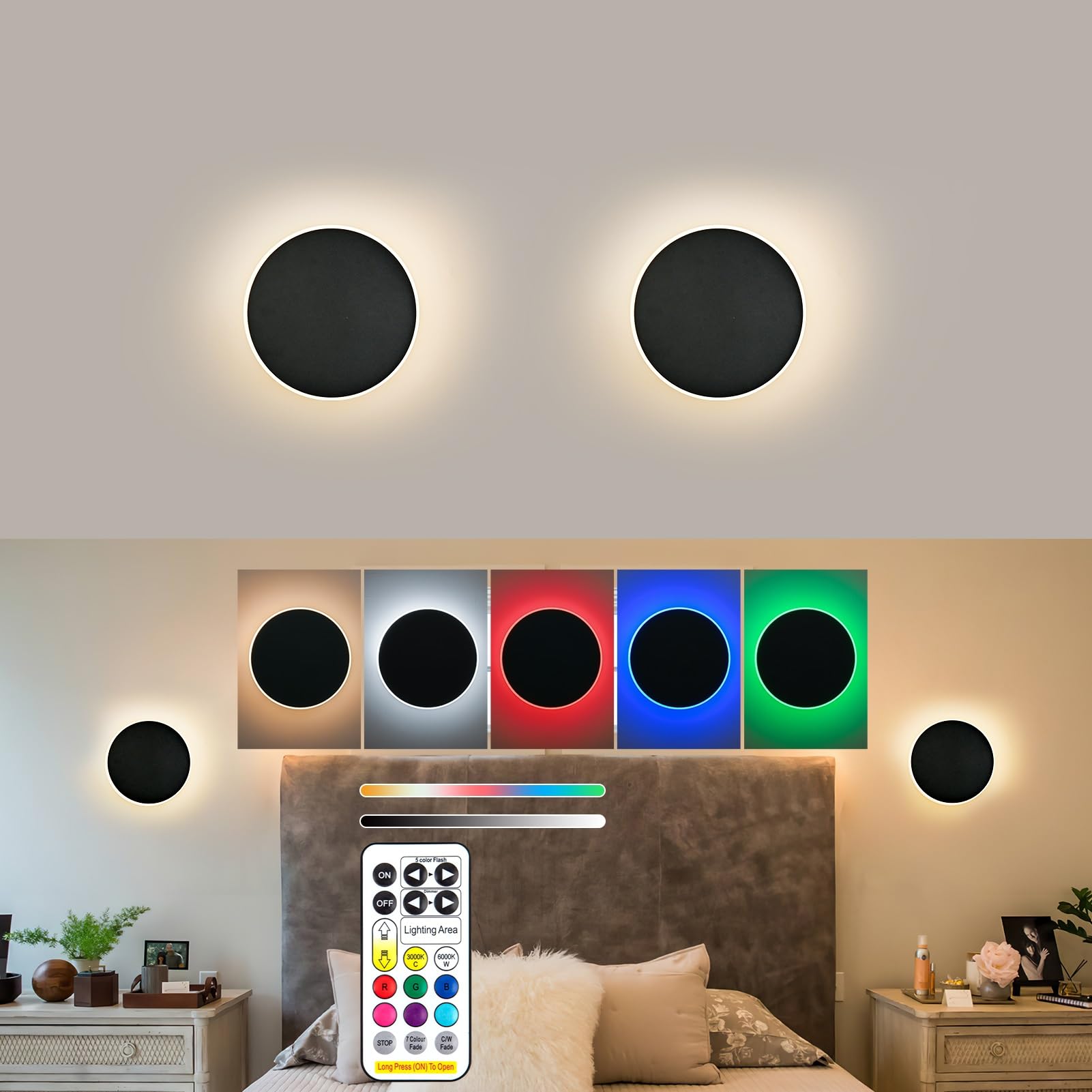 Wall Lights Battery Operated Wall Sconces,Black Rechargeable Solar Eclipse Style Wall Light With Wireless Remote Dimmable,9 Colo