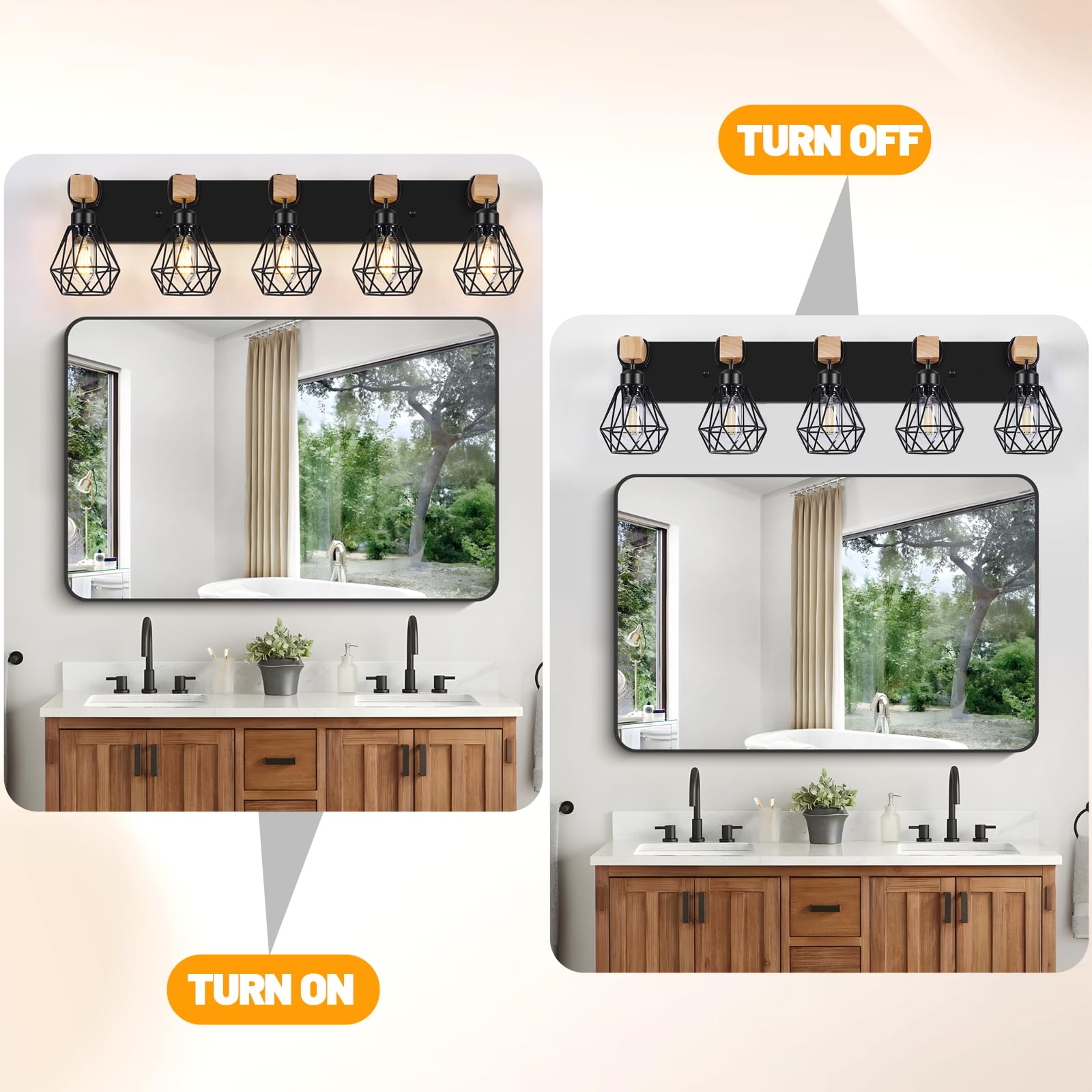 FadimiKoo 5-Light Wall Sconces, Black Metal Cage Vanity Lights, Rustic Bathroom & Living Room Lighting, Model ZSLZ-5
