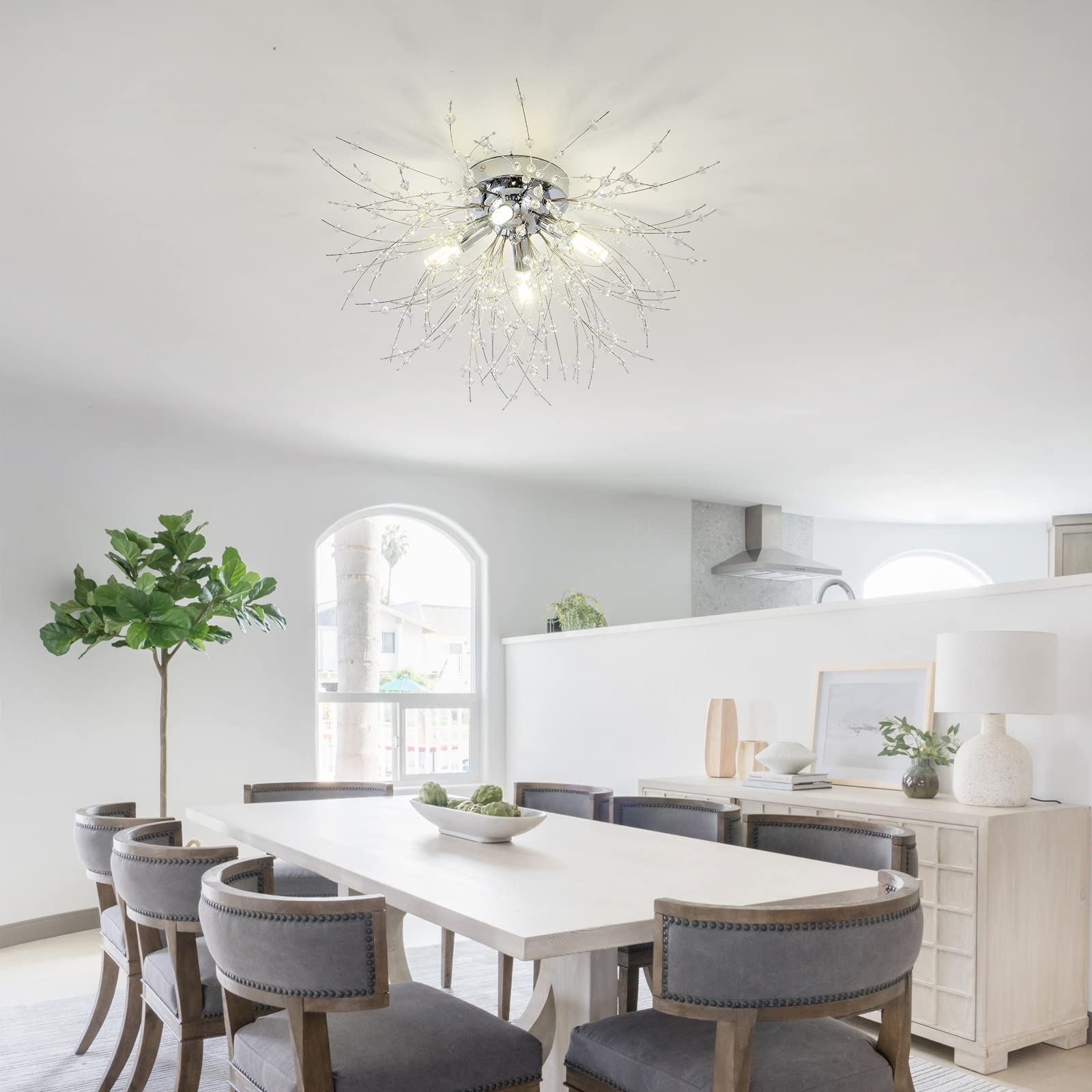 Tanlux Modern Mini Crystal Ceiling Light Fixture, 4-Light Chrome Crystal Sputnik Firework Chandelier, Semi Flush Mount Ceiling L