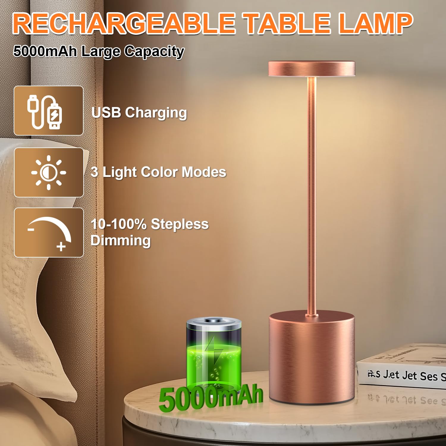 AUDLES Cordless Table Lamp - 2 Pack, 5000mAh Battery, 3-Color Dimmable Light, Rose Gold, Metal, Model 80010667