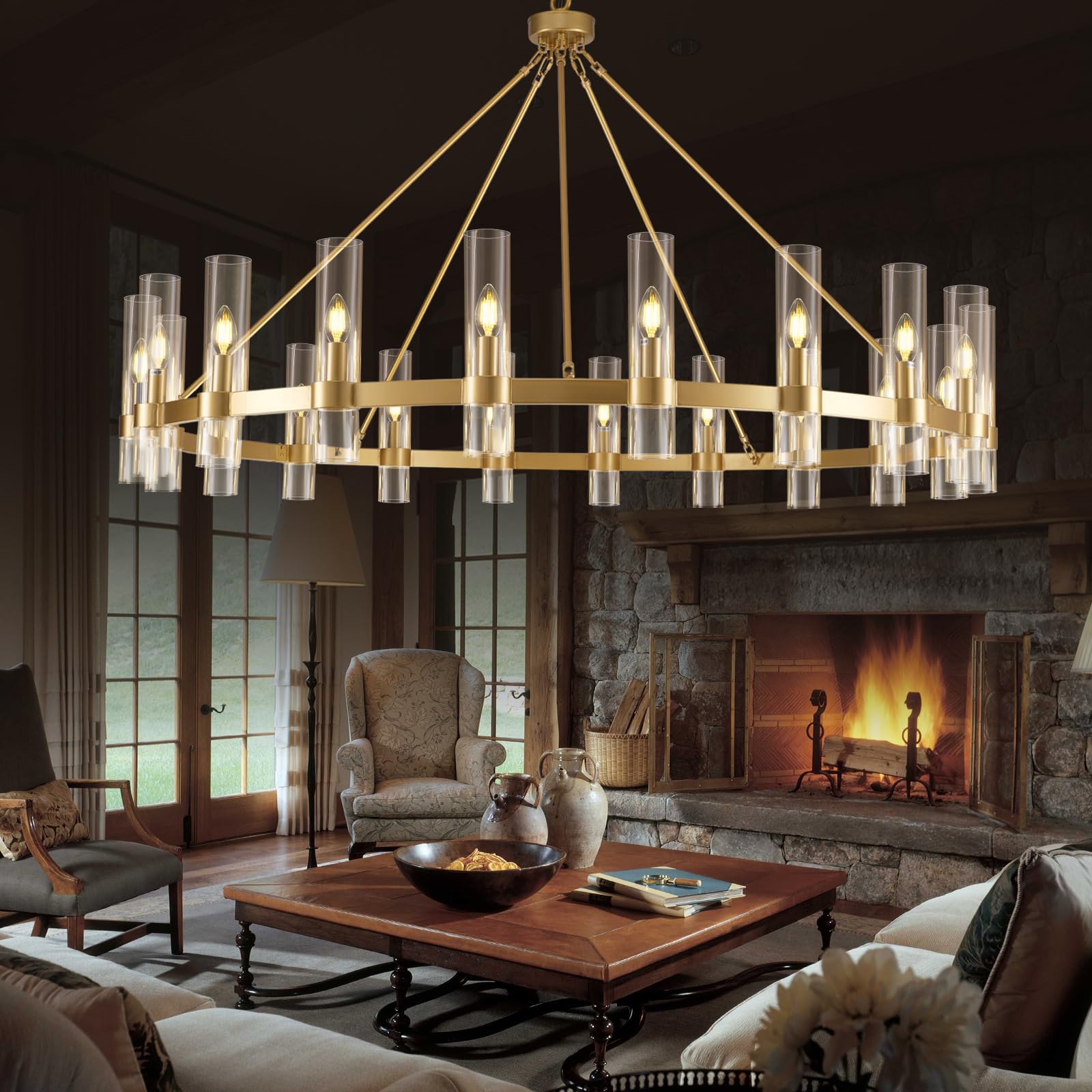 Gold Wagon Wheel Chandelier, 60 Inch Chandeliers with Glass Shade, 20 Light Chandelier for High Ceiling, Modern Farmhouse Chande