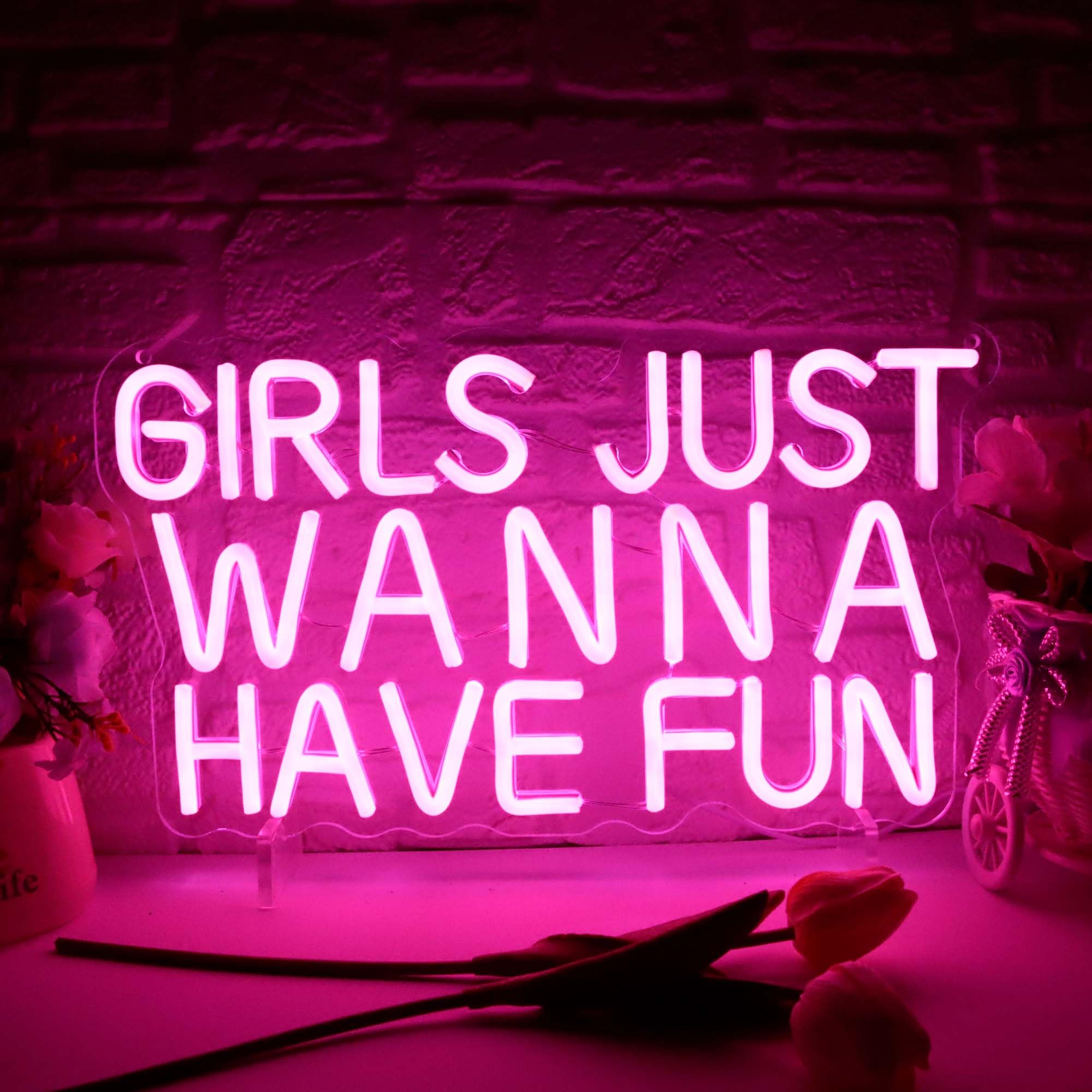 Dracey Neon Sign LED Wall Decor, Retro Style, 8.4x14.9in, Acrylic, Pink, Girls Just Wanna Have Fun