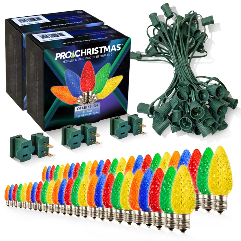 Pro Christmas C9 LED Christmas Light Kit for Rooflines & Pathways - DIY Cut to Length  Outdoor Commercial Grade (Green Wire w/Vampire Plugs  50 Bulbs  50 ft) Multi