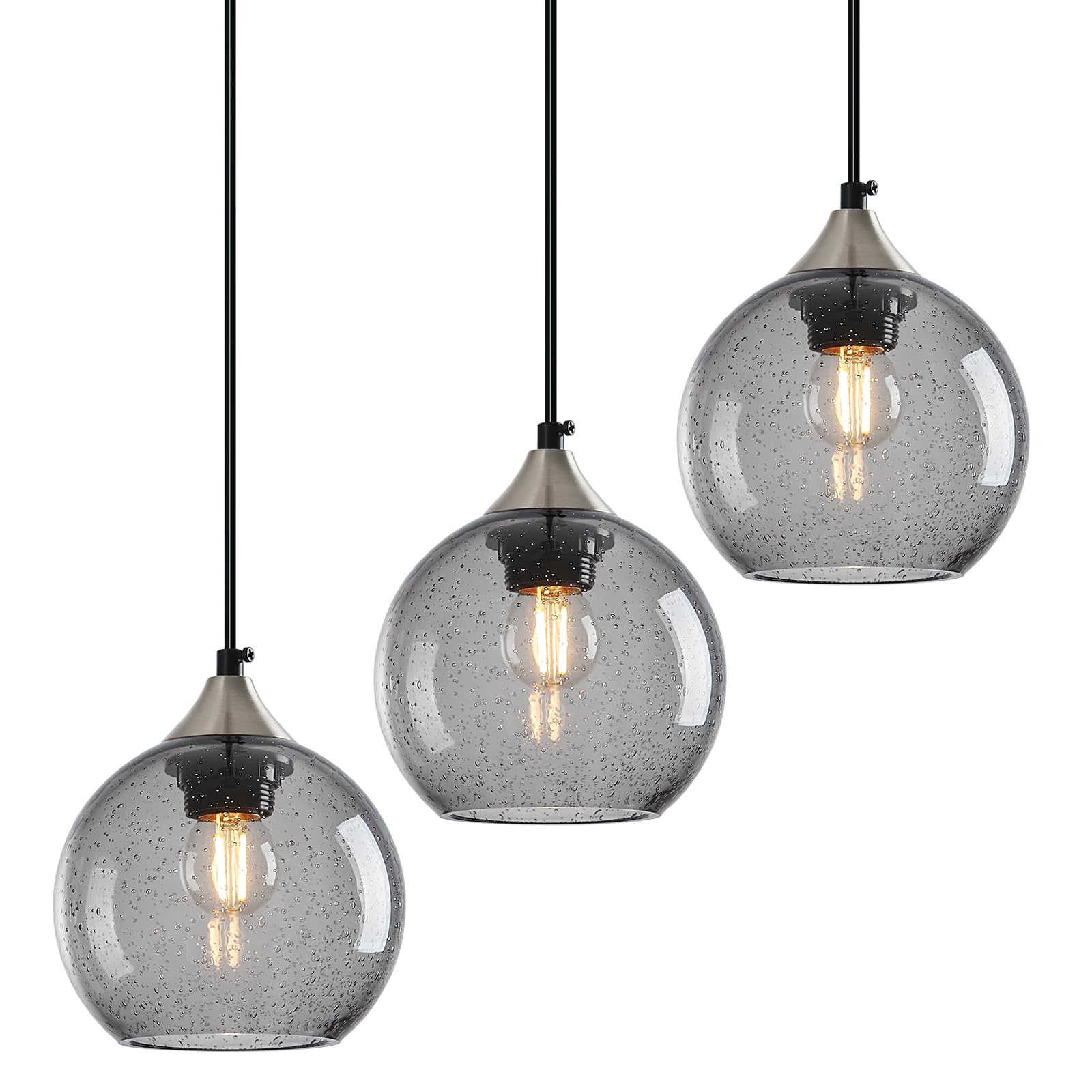 Lbsqj Light Grey Glass Pendant Lights Kitchen Island Globe Pendant Light Fixtures Modern Pendant Lighting For Bedroom Living Dining Room Light Fixture (5.9 In  3 Pack)