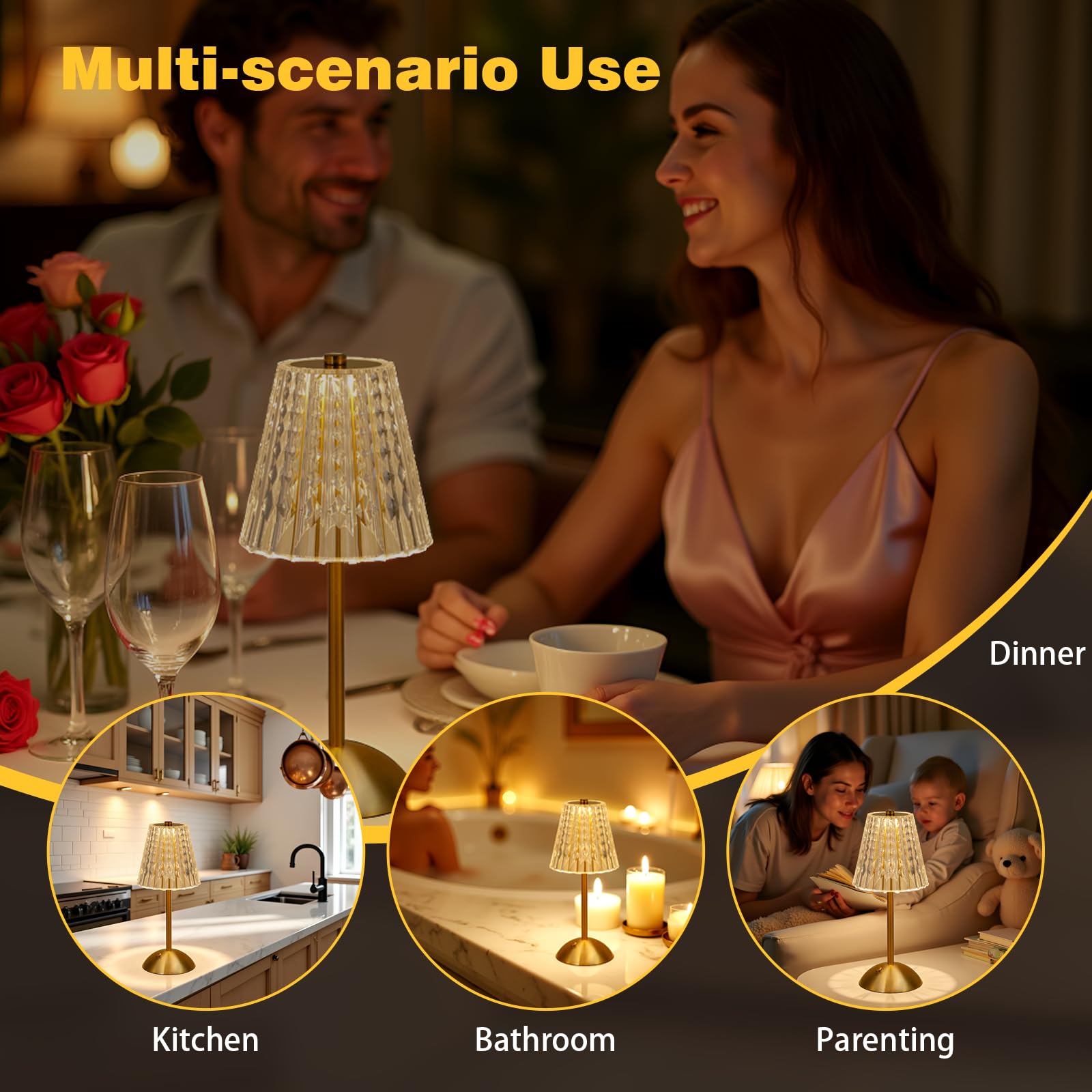 Fsaox Cordless Table Lamp - Touch Control, 3000mAh Rechargeable, Dimmable Ambient Light, Brass & Crystal, Model F-TL-003