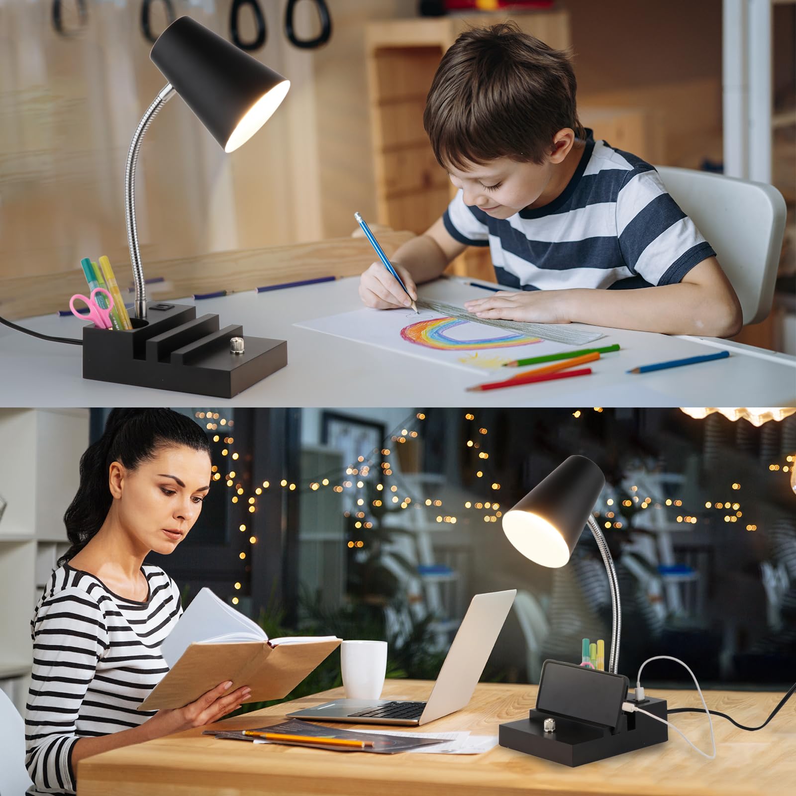 Lalisu Study Desk Lamp With Usb Charging And Type-C Night Light, Gooseneck Led Table Lamp Stepless Dimming Study Table Lamp With