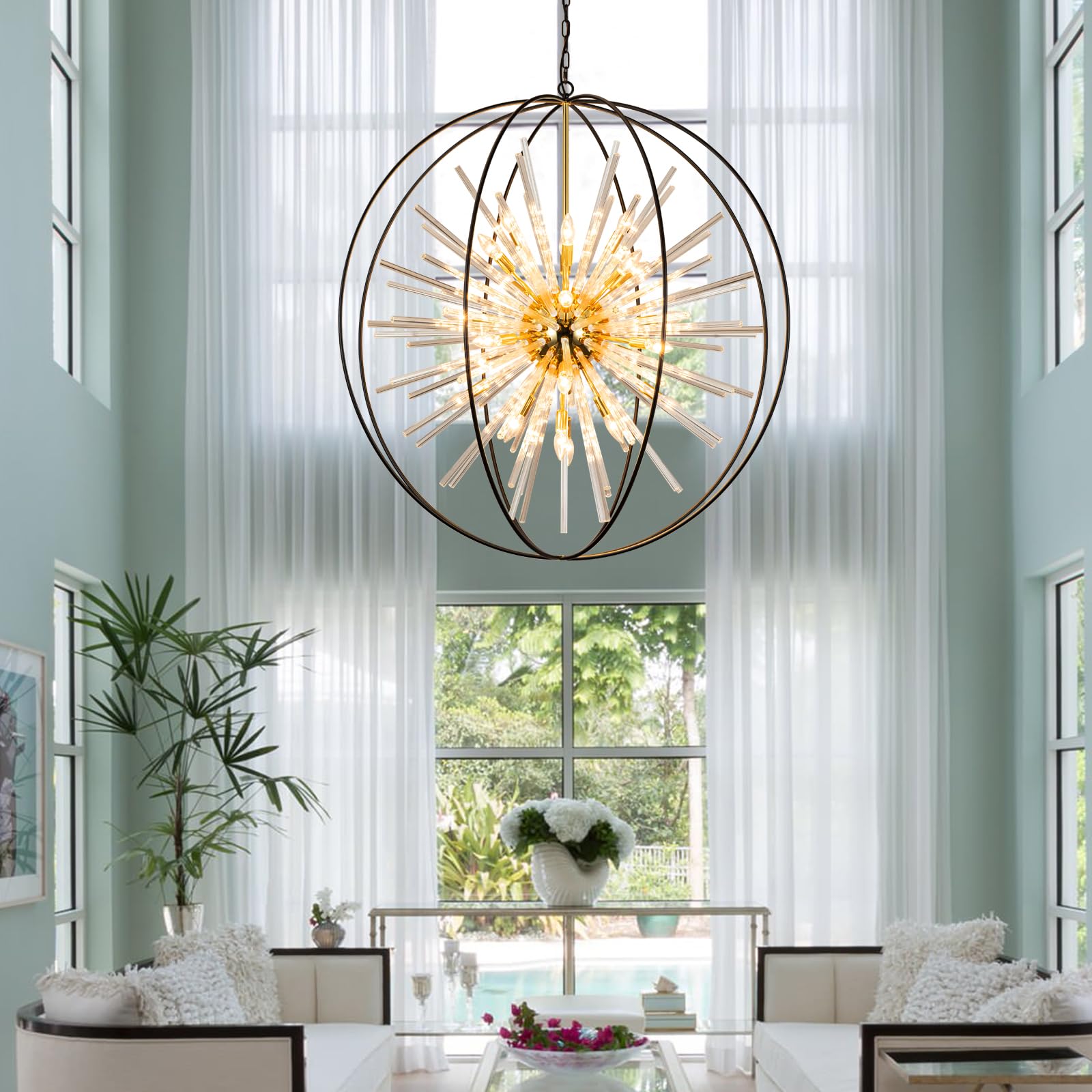 Vezzio 42" Black and Gold 24-Light Globe Chandelier for High Ceilings - Modern Crystal Lighting for Entryway, Foyer, Kitchen, Dining Room