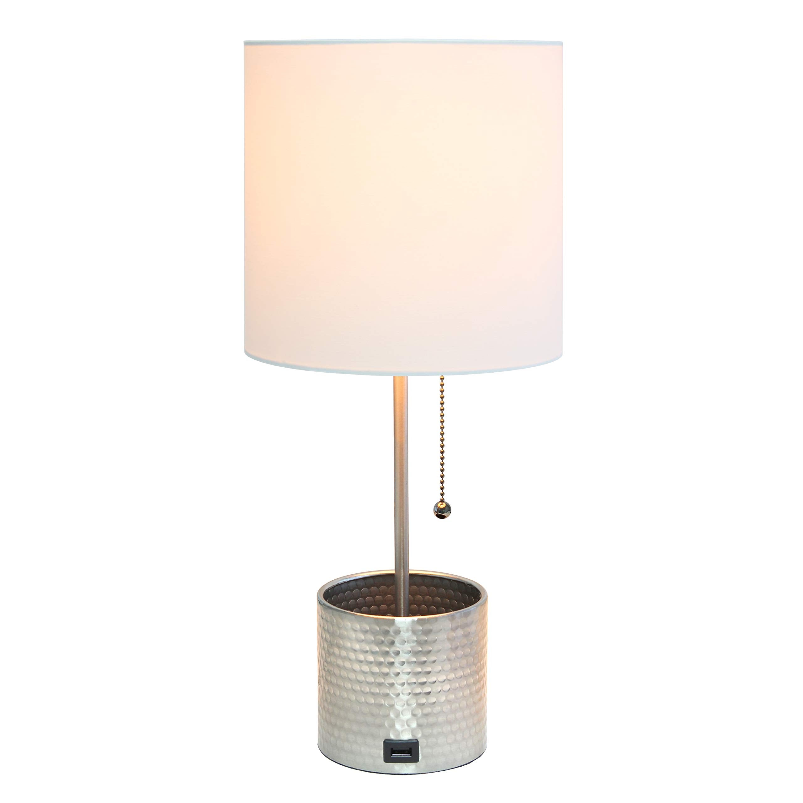 Simple Designs Lt1085-Bsn Hammered Metal Organizer Table Lamp With Usb Charging Port And Fabric Shade, Brushed Nickel