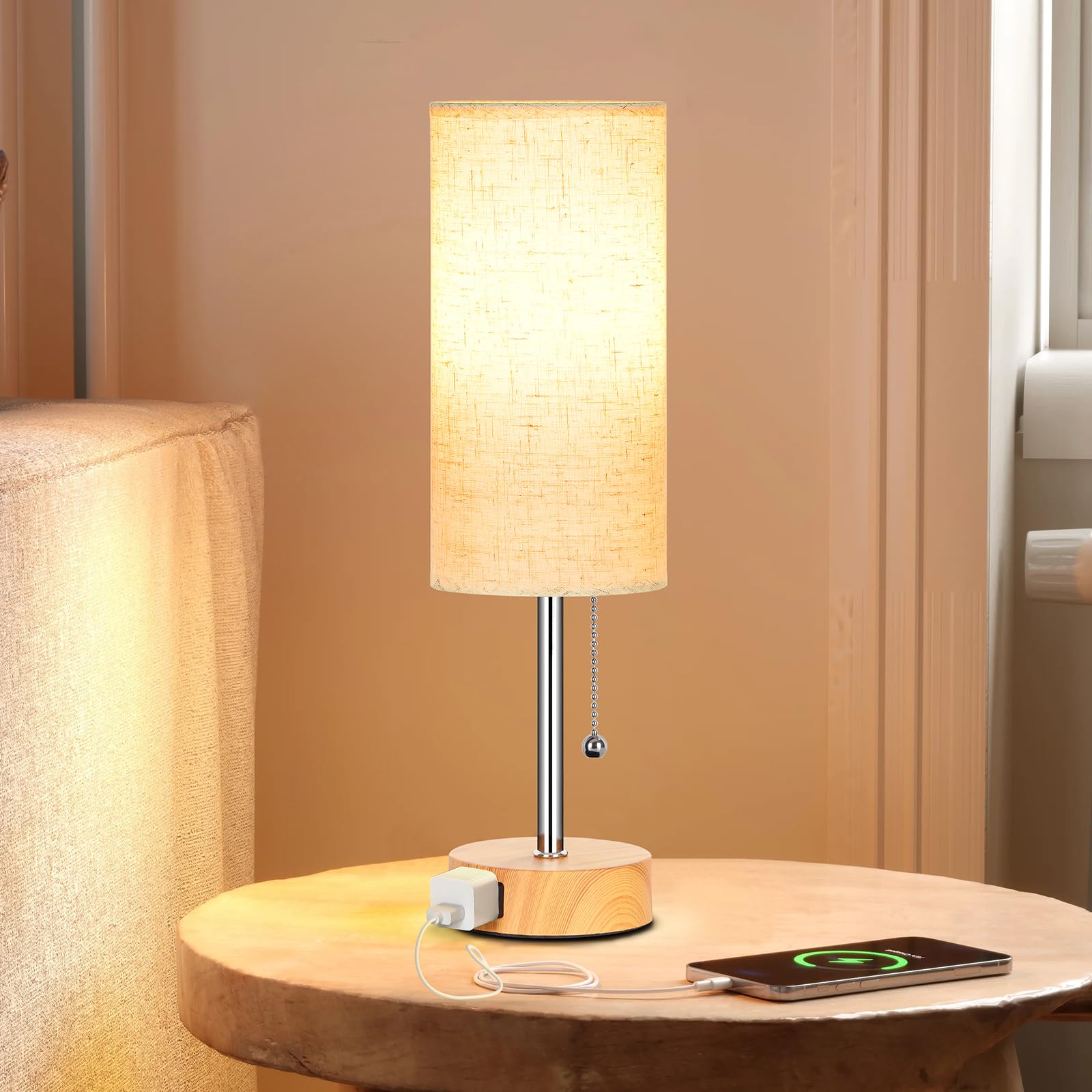 Dott Arts Table Lamp For Bedroom  3-Color Bedside Lamps With Pull Chain  Bedroom Table Lamps For Nightstand Ac Outlet Small Lamp For Living Room  Bulb Included Oatmeal