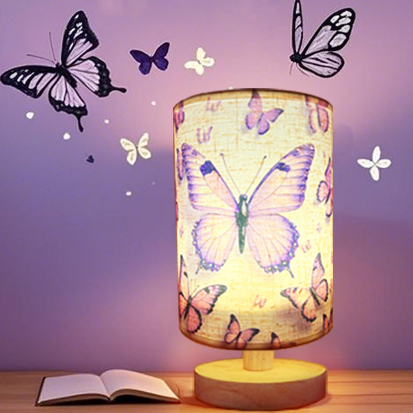 Butterfly Lamp, Kids Lamps for Bedrooms Girls, 3 Color Changing LED Night Light with 9 Brightness Levels Wood Nightstand Desk Ba