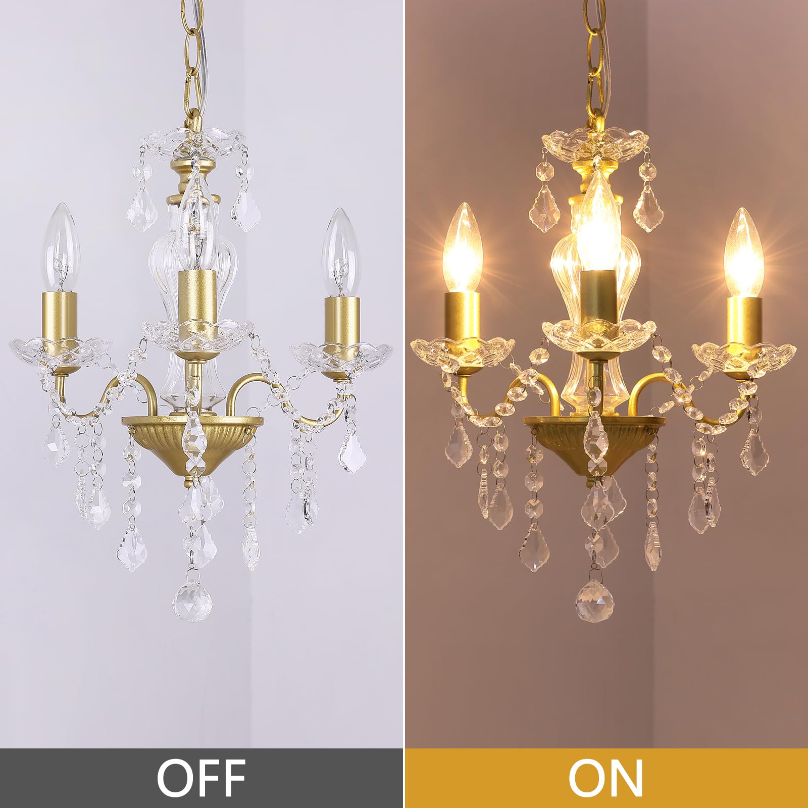 Chanlited 3-Light Gold Plug-in Chandelier with Glass Crystals - Modern Candle Style Pendant Light for Living Room, Kitchen, Entryway