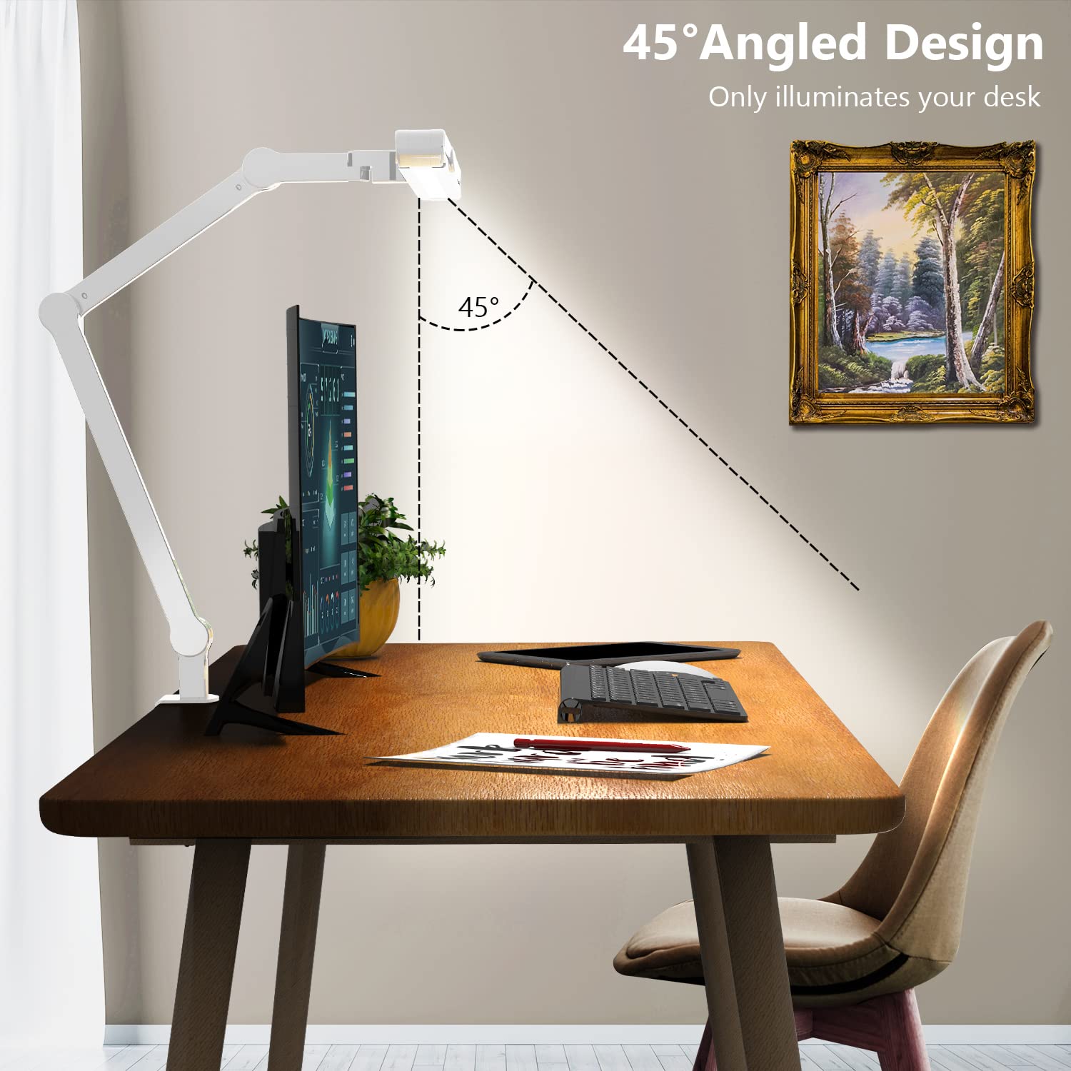 Micomlan Led Desk Lamp, 24W Rotatable Light, 28in Light Bar, White Metal, Model FDDL03, Stepless Dimming for Home Office