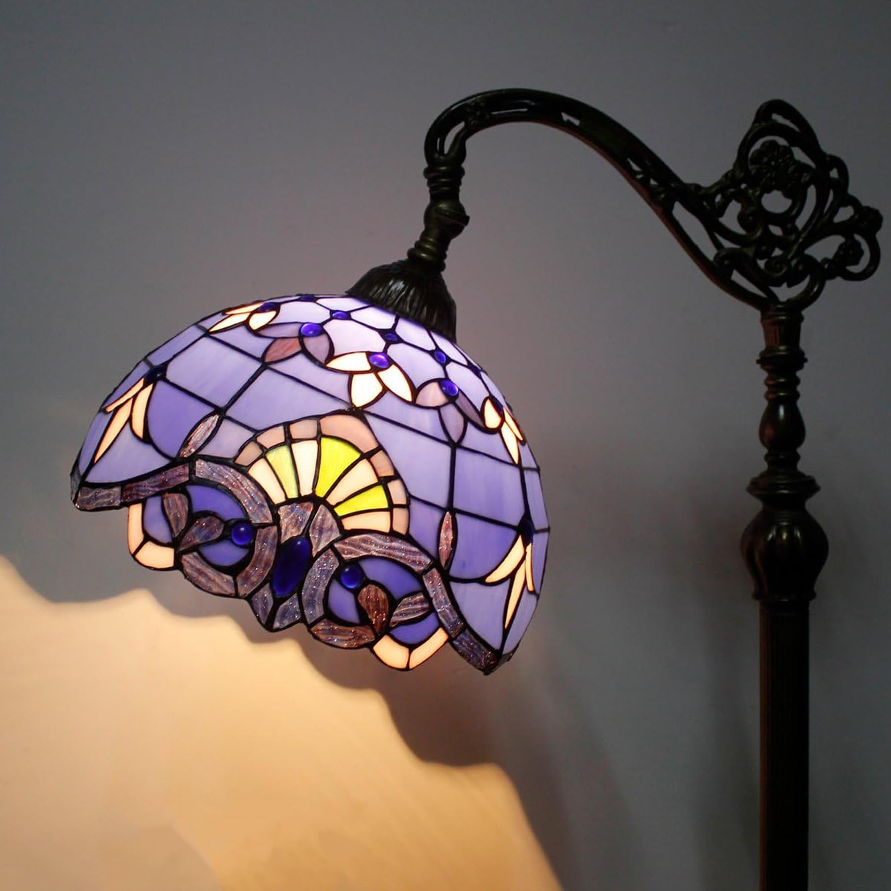 WERFACTORY Tiffany Floor Lamp - Blue Purple Stained Glass, Arched Gooseneck, 12X18X64 Inch, Corner Reading Light, S003C Series
