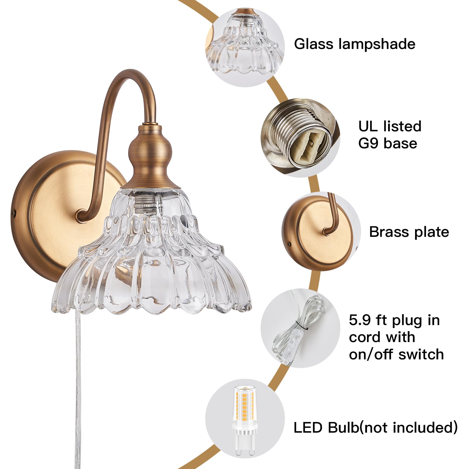 Tlolgt Modern Plug In Wall Sconces Brass Vintage Wall Light Fixtures Antique Vanity Lights For Fireplace Bathroom Bedroom Coffee