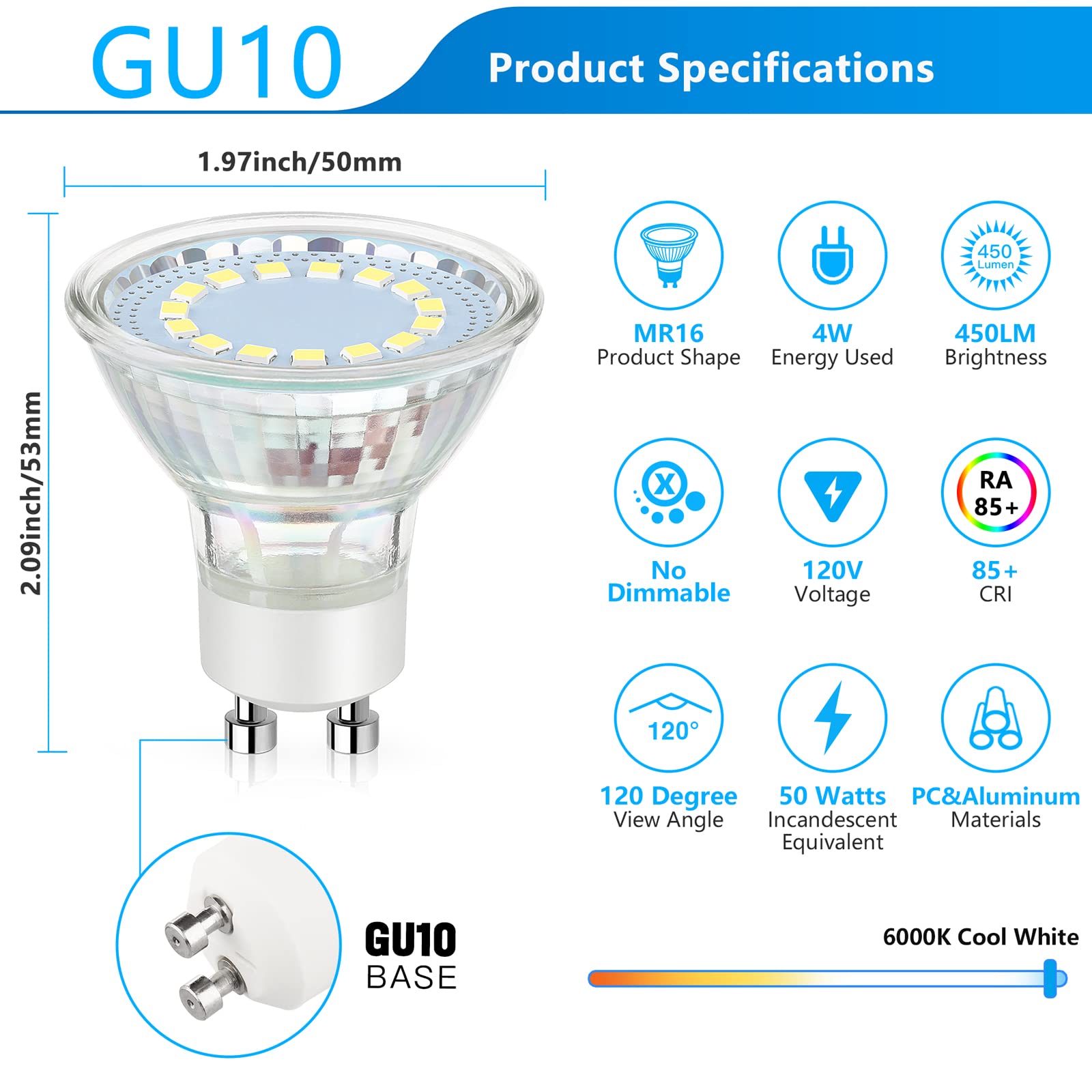 Maylaywood Gu10 Led Light Bulbs, 50 Watt Halogen Equivalent, 6000K Cool White, Non-Dimmable, 450Lm, 4W Replacement Recessed Trac
