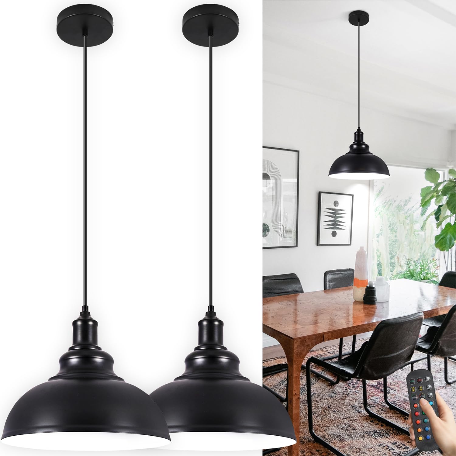 Black Battery Operated Pendant Lights 2 Pack, Modern Rechargeable Pendant Lighting with Remote, Pendant Light Fixtures for Kitch