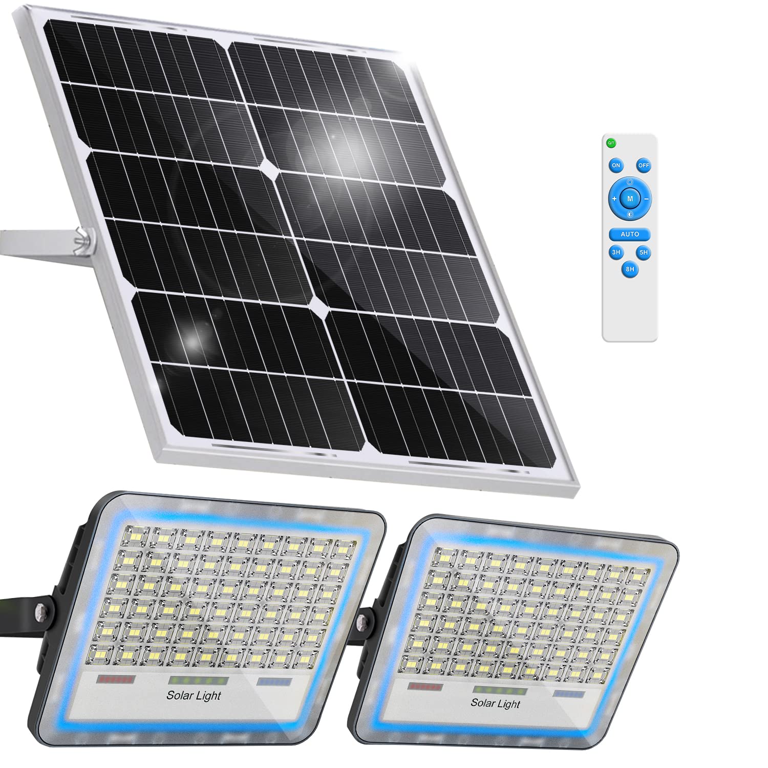 Gebosun 2-Pack 100W LED Solar Flood Light, Remote Controlled, Dusk to Dawn, 13,000Lumen, 6000K, IP67 Waterproof, Wall-Mounted & 