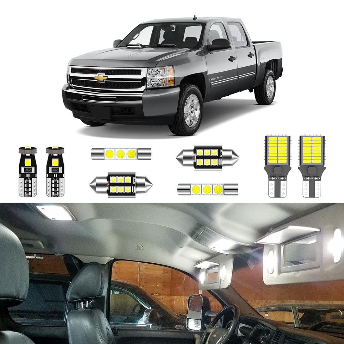LIGHSTA 12PCS Super Bright White LED Interior Light Kit Package for Chevrolet Silverado/GMC Sierra 2007 2008 2009 2010 2011 2012 2013 + Cargo Lights + License Plate Lights and Install Tool