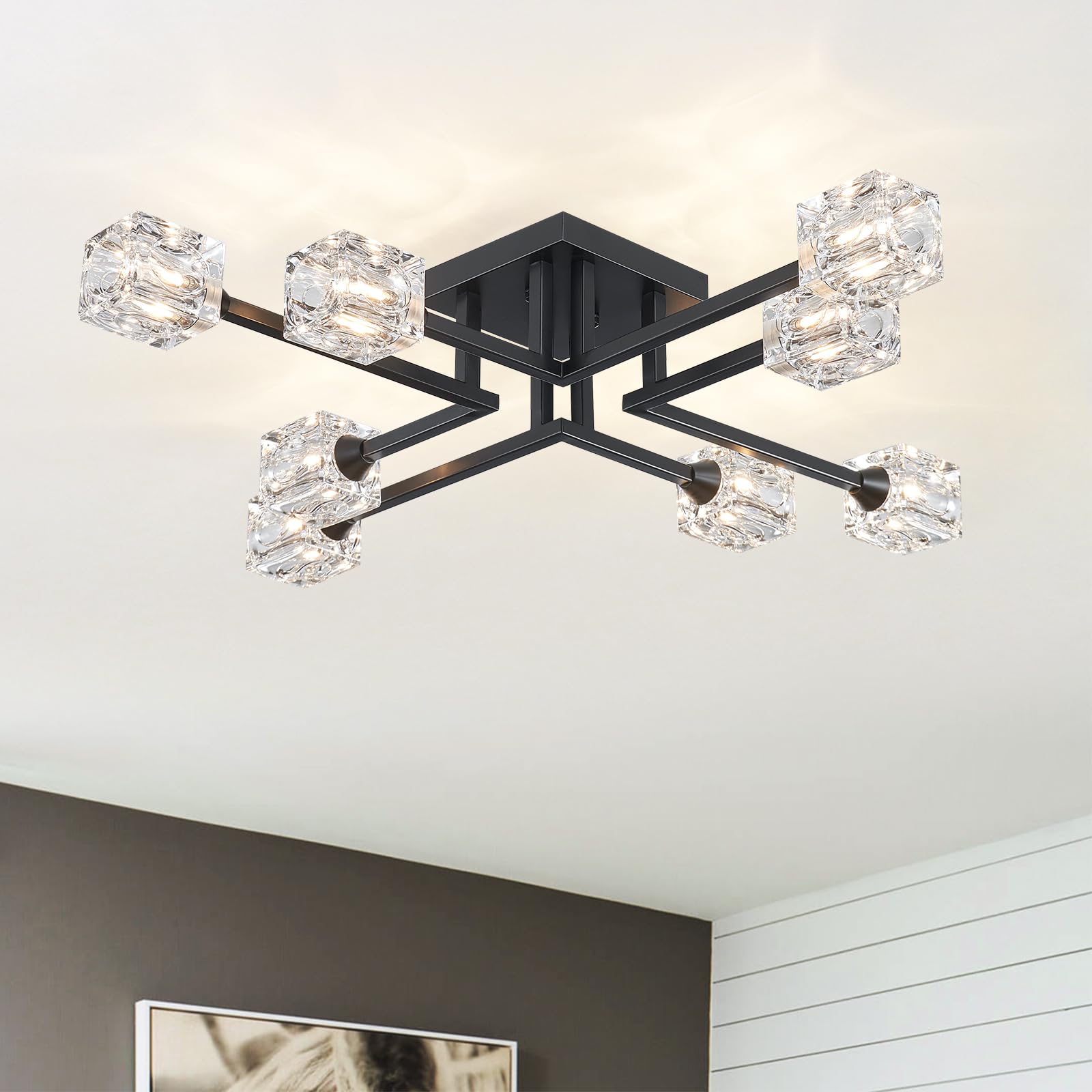 Peskoe Black Industrial Ceiling Light Fixtures, 8-Light Vintage Farmhouse Sputnik Chandeliers For Dining Room, Living Room, Kitc