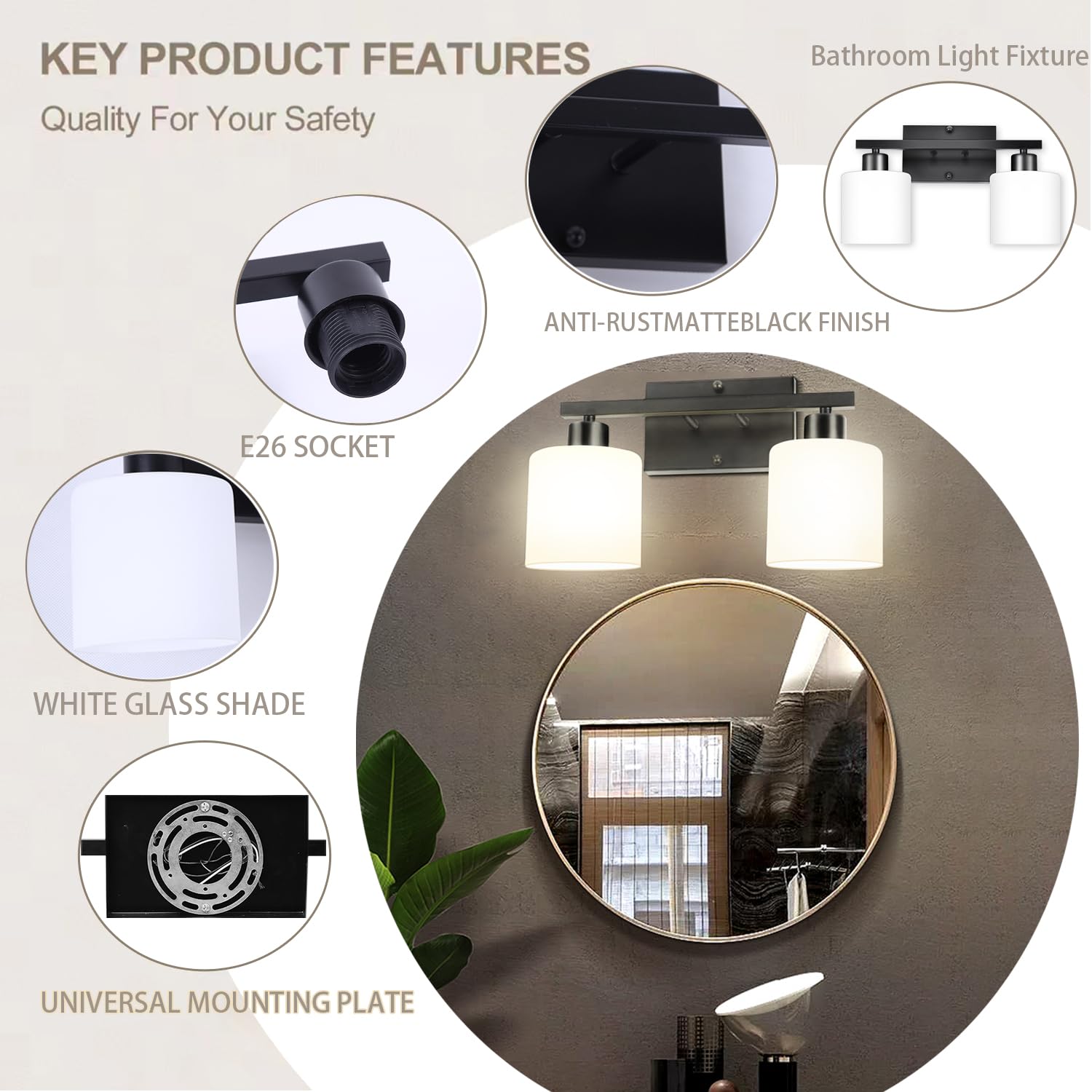 Rocunsi 3-Light Bathroom Vanity Light Fixtures Over Mirror, Brushed Nickel Vanity Wall Scones Lighting For Bedroom Living Room, Vanity Lights With Milky White Glass Shades, E26 Socket
