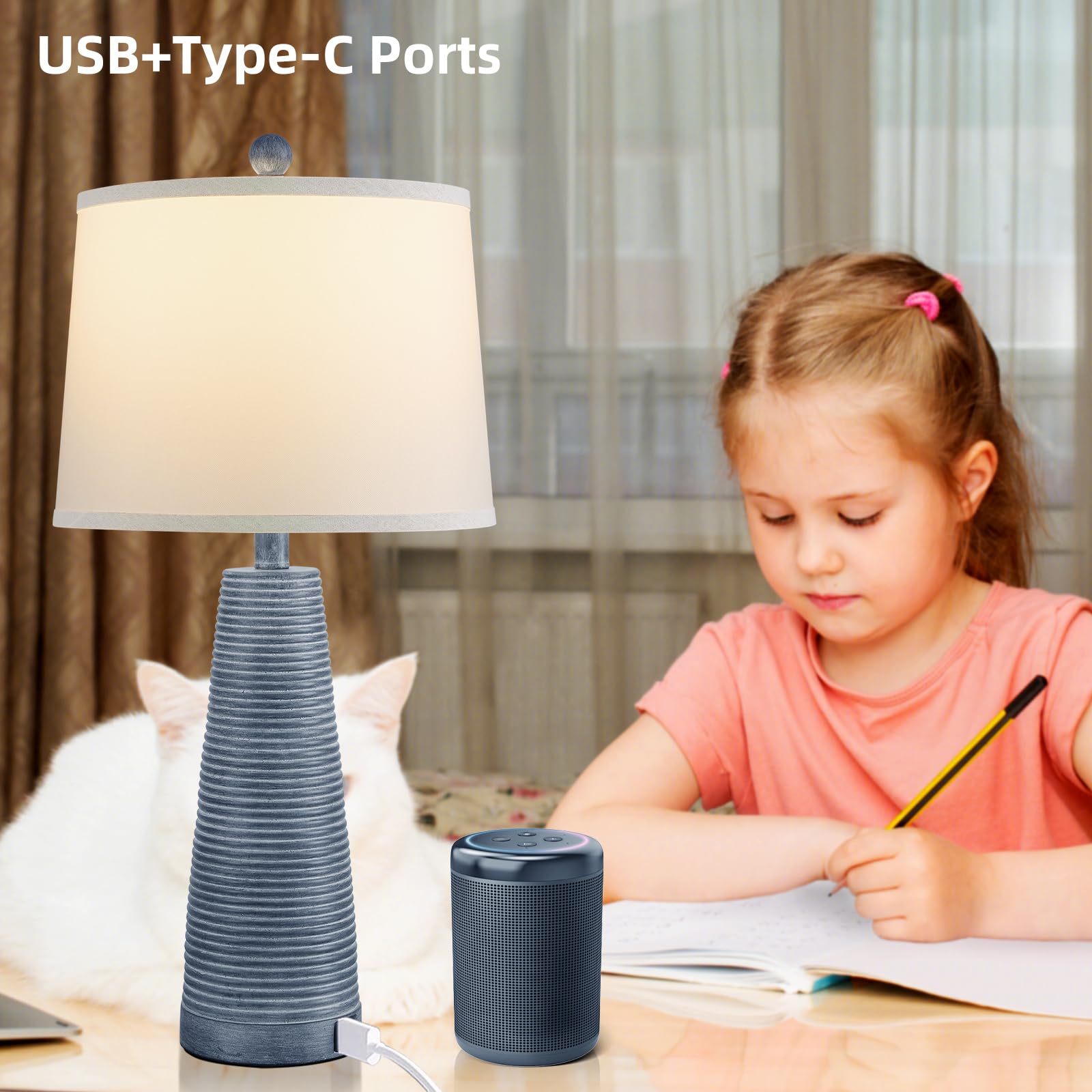 Nightstand Lamp Bedside Lamps Set Of 2 Desk Lamps Vintage Rustic Farmhouse Table Lamp 3 Way Dimmable Horizontal Stripe Light,Sui
