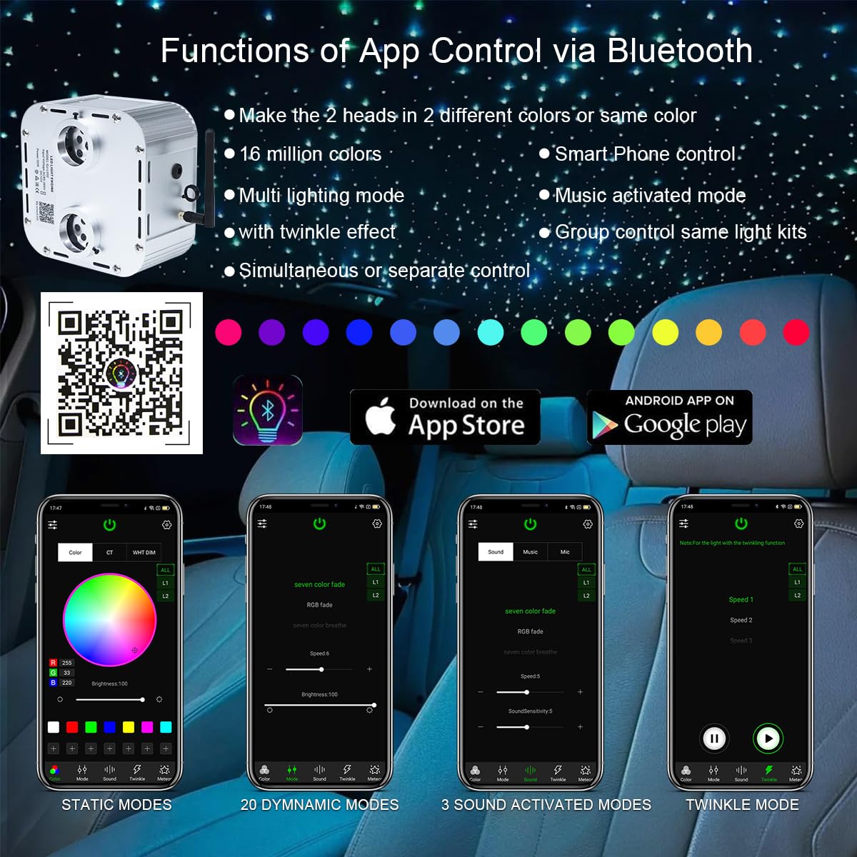 AKEPO Fiber Optic Light Engine, 32W Dual-Head, Twinkle + APP Control + Music Activated, RGB, Model QJ-L032