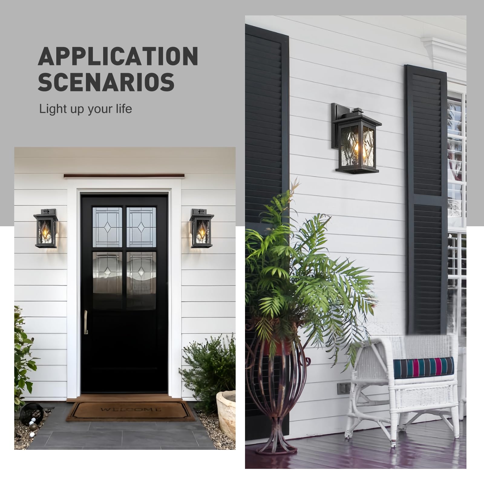 Emliviar 2-Pack Outside Light Fixtures, 12in Black Aluminum with Water Grain Glass, Model 1803EW1-2PK-SD BK