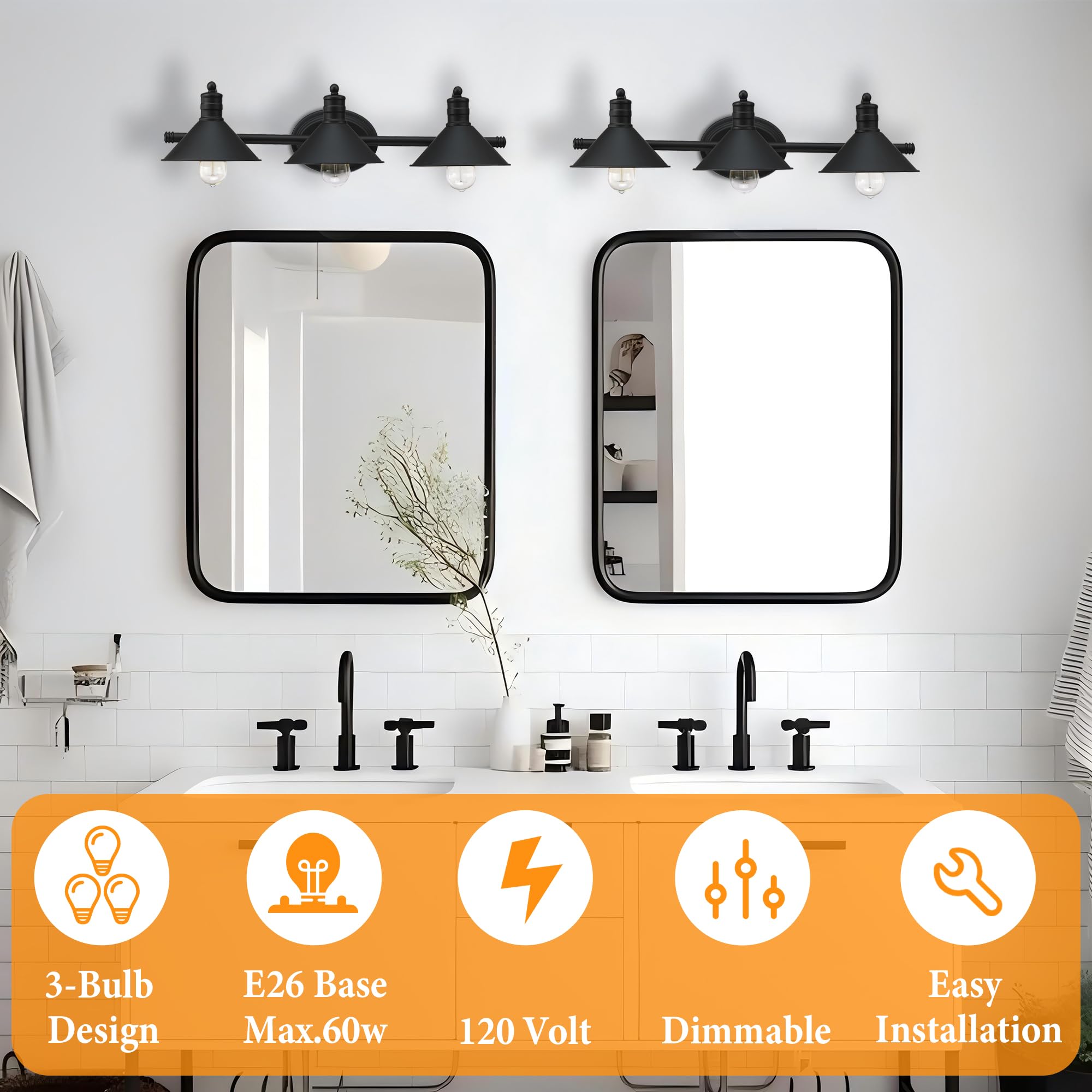 Faymart Lighting 3 Light Bathroom Vanity Light Over Mirror - Farmhouse Wall Light For Bathroom Vanity Powder Room  Rustic Gooseneck Barn Style 3 Bulb Wall Sconce Over Kitchen Sink