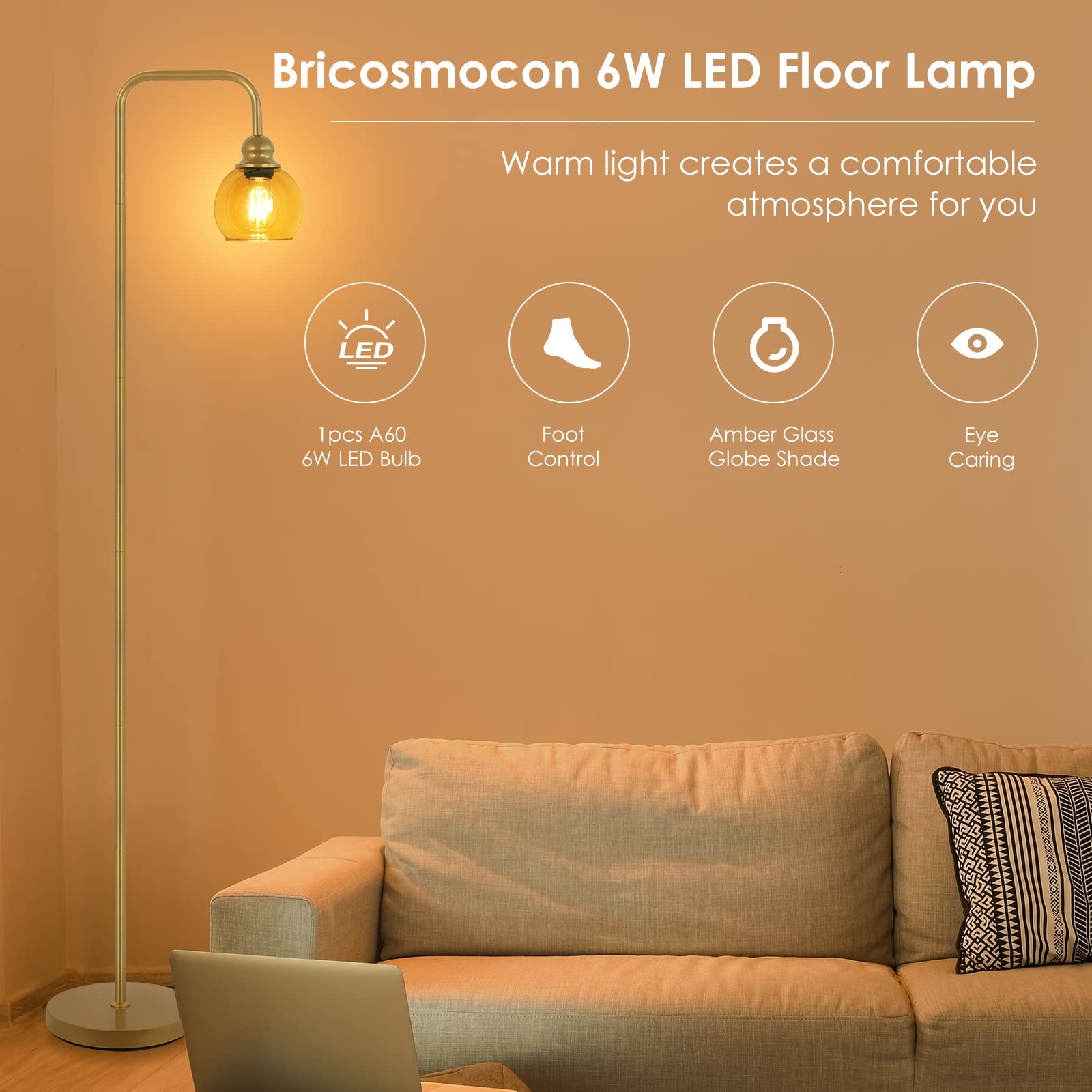 Modern Floor Lamp For Living Room With 6W Led Bulb, Industrial Floor Lamp, Amber Glass, Classic Reading Tall Lamp For Home Offic