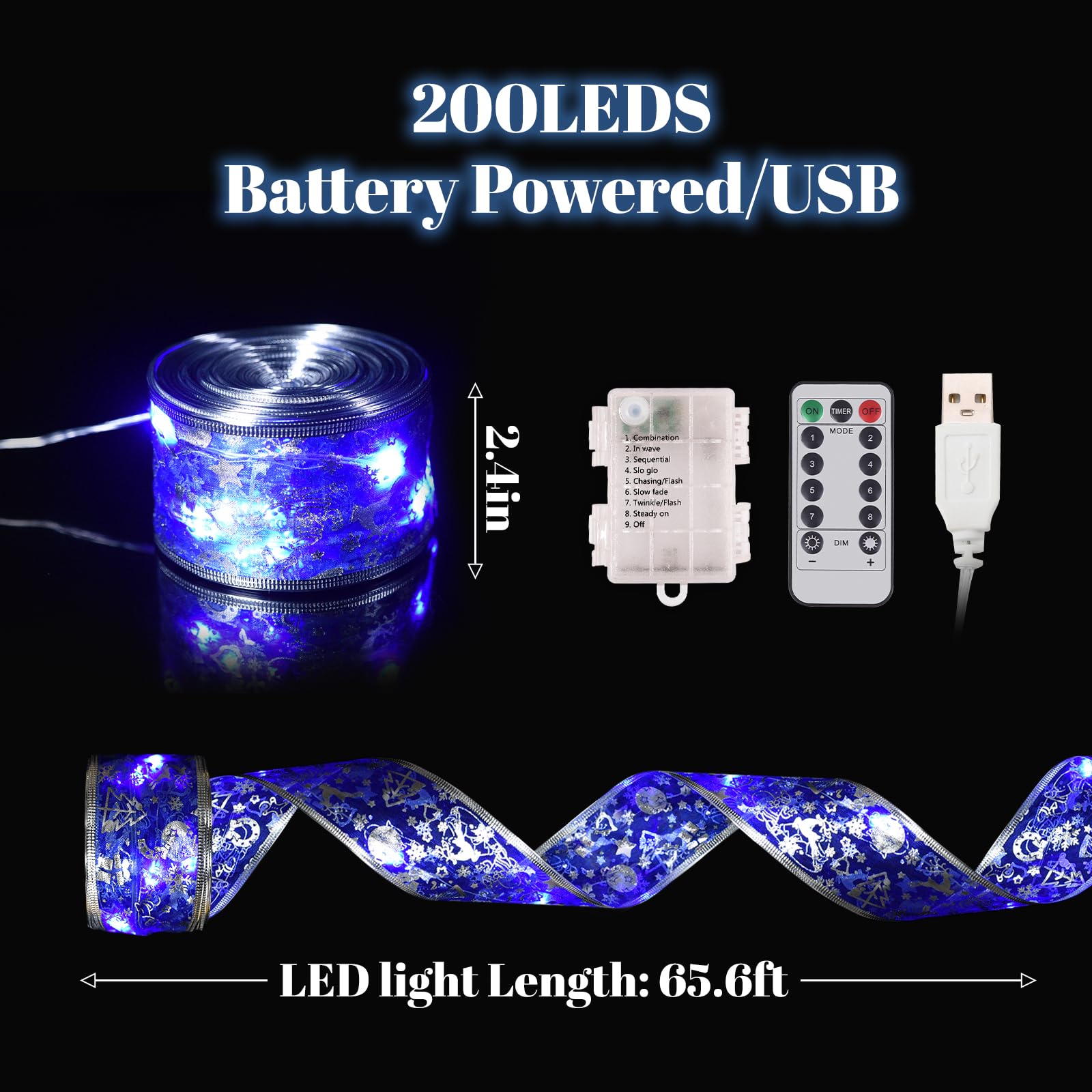 Dailyart Christmas Tree Lights, 200 LED, 78Ft, USB & Battery Operated, 8 Modes, Blue Ribbon Bows Decor for Indoor Xmas Garland