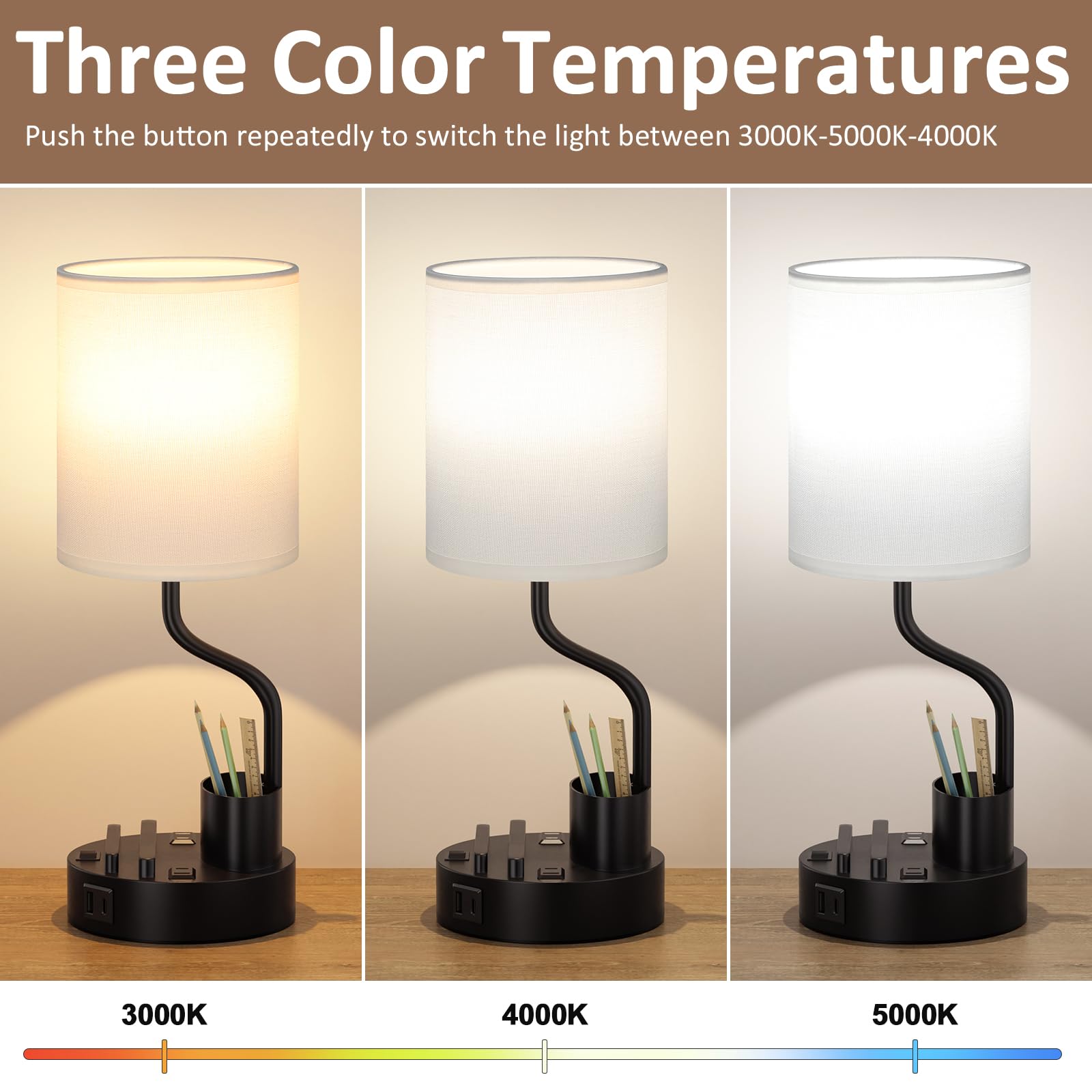 White Bedside Table Lamps For Bedroom Set Of 2 - Nightstand Light With Ac Outlet And Usb A & C For Charging, 3 Color Temperature