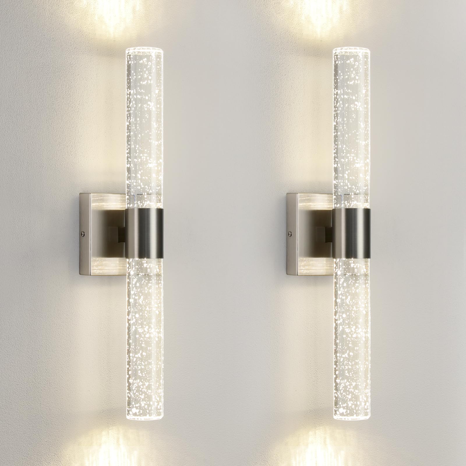 Ccycol Modern Led Wall Sconces Set Of Two - 4000K Dimmable Crystal Bathroom Sconces Wall Lighting Indoor Brushed Nickel Vanity Light Fixture Wall Mount Wall Lights For Bedroom Living Room,18 Inch