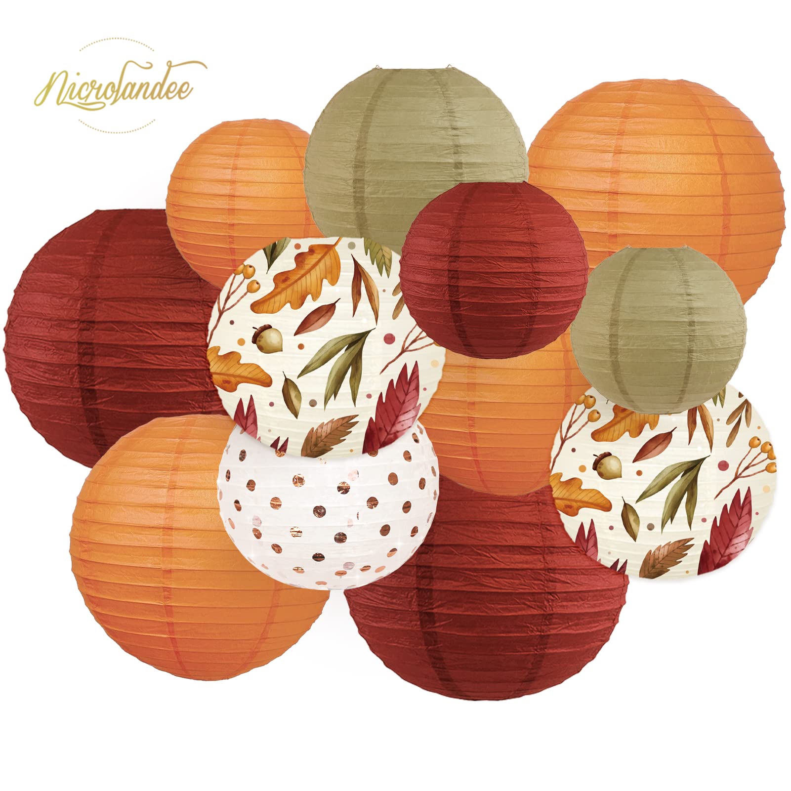 NICROLANDEE 12Pcs Burgundy Orange Maple Leaves Hanging Paper Lanterns Party Decorations for Thanksgiving, Wedding, Birthday, Bab