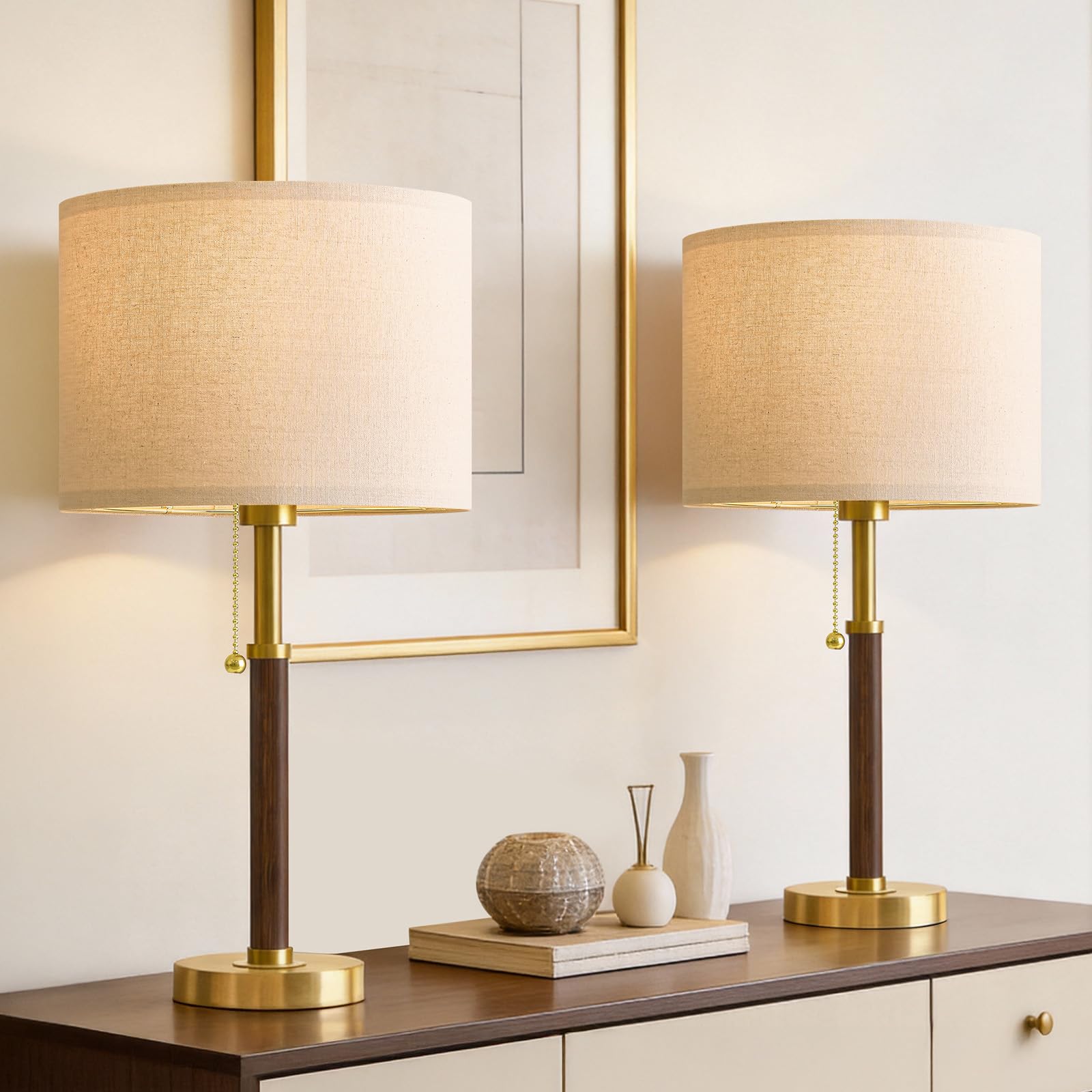 G-SAFAVA 22 Table Lamps Mid Century Modern Lamps for Bedroom Living Room Bedside Lamps for Night Stands Wood Nightstand Lamp Gold Small Side End Table Lamps Set of 2 Vintage Home Deco Office Gifts