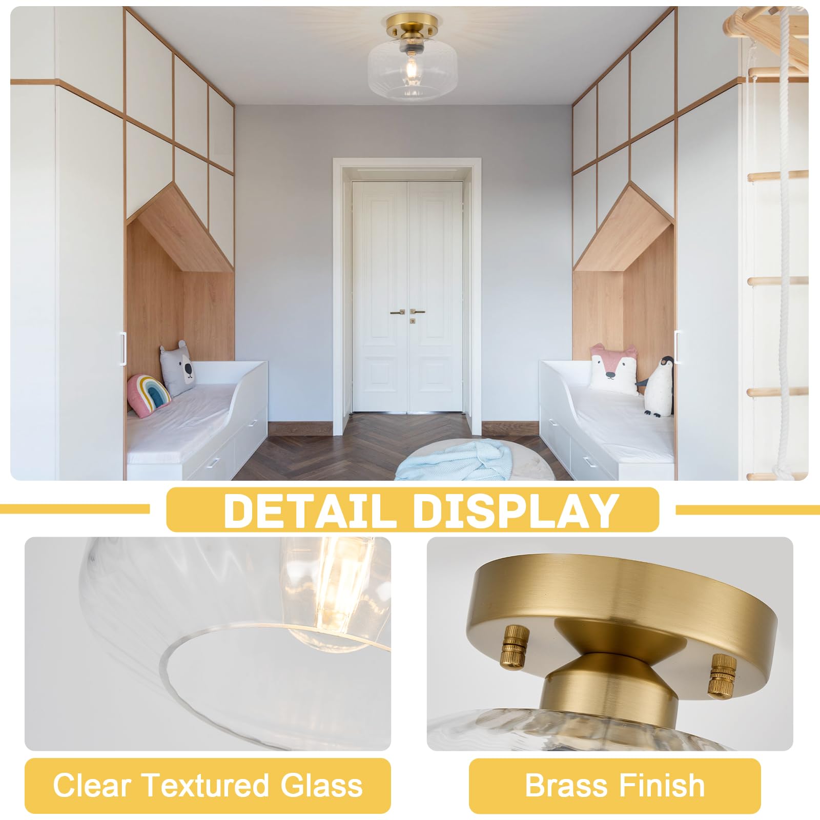 Bisamiya Modern Gold Semi Flush Mount Ceiling Light, Brass Finish Ceiling Light Fixture With 8.66'' Textured Glass Shade For Hal