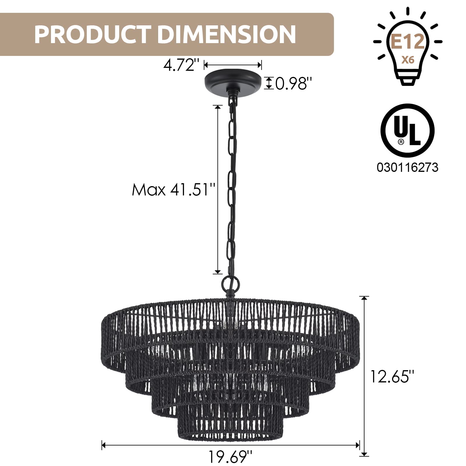 Elyccupa 20” Hand-Woven Rattan Chandelier 6-Lights Transitional Minimalist 4 Round Boho Large Pendant Light For Kitchen Island Dining Room Living Room Hallway, Matte Black, Ul Listed