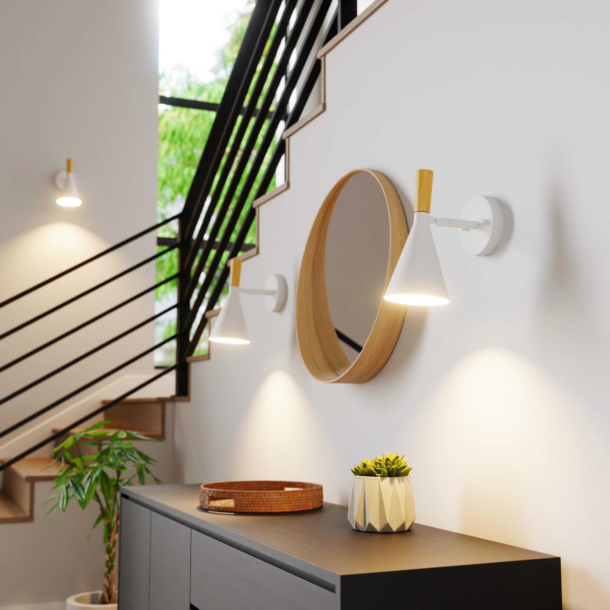 Globe Electric 65000147 1-Light Plug-In Or Hardwire Wall Sconce, Matte White, Light Wood-Toned On/Off Rotary Switch On Pivoting