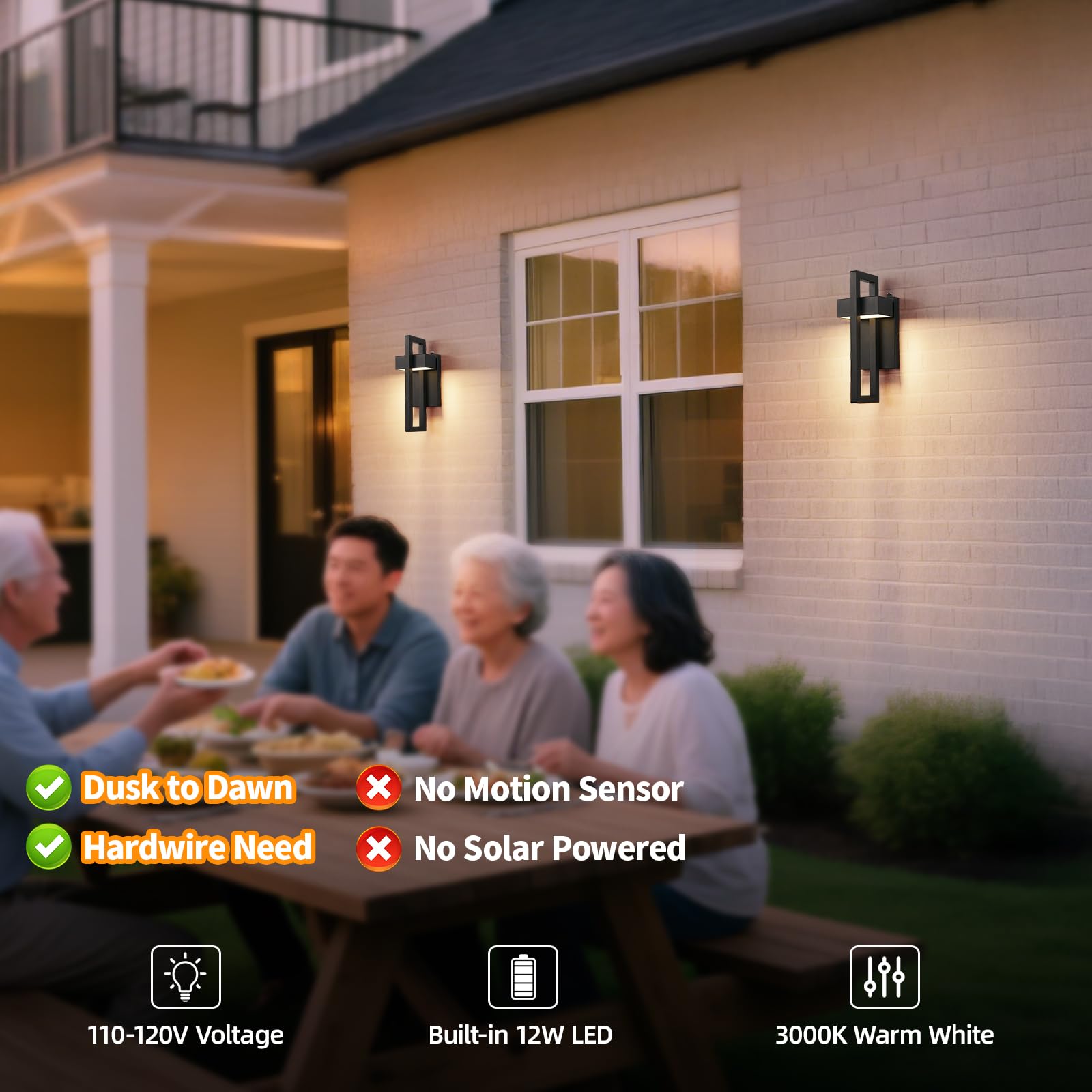 tewei LED Outdoor Wall Sconce, Dusk to Dawn Lighting, 3000K Warm White, Black, 2 Pack, Metal Exterior Fixtures