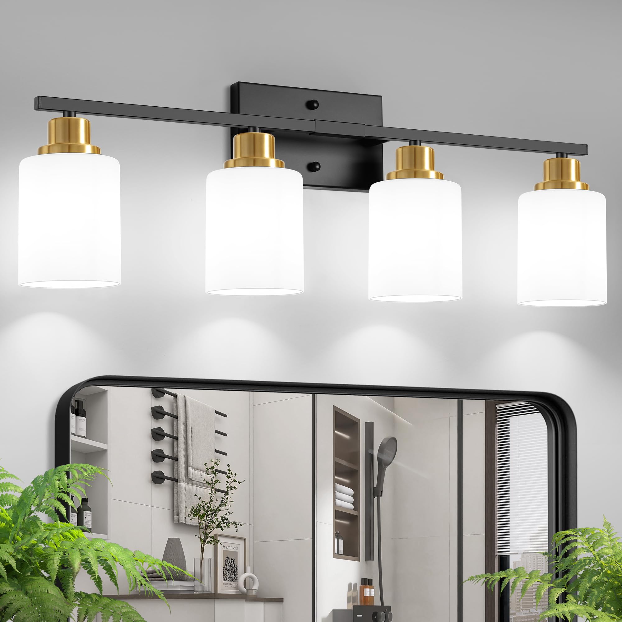 Ascher Bathroom Light Fixtures  4-Light Vanity Light Over Mirror  Black and Gold Wall Sconces with Milky White Frosted Glass Shades  Wall Lamp for Living Room Bedroom  E26 Base(Bulbs Not Included)