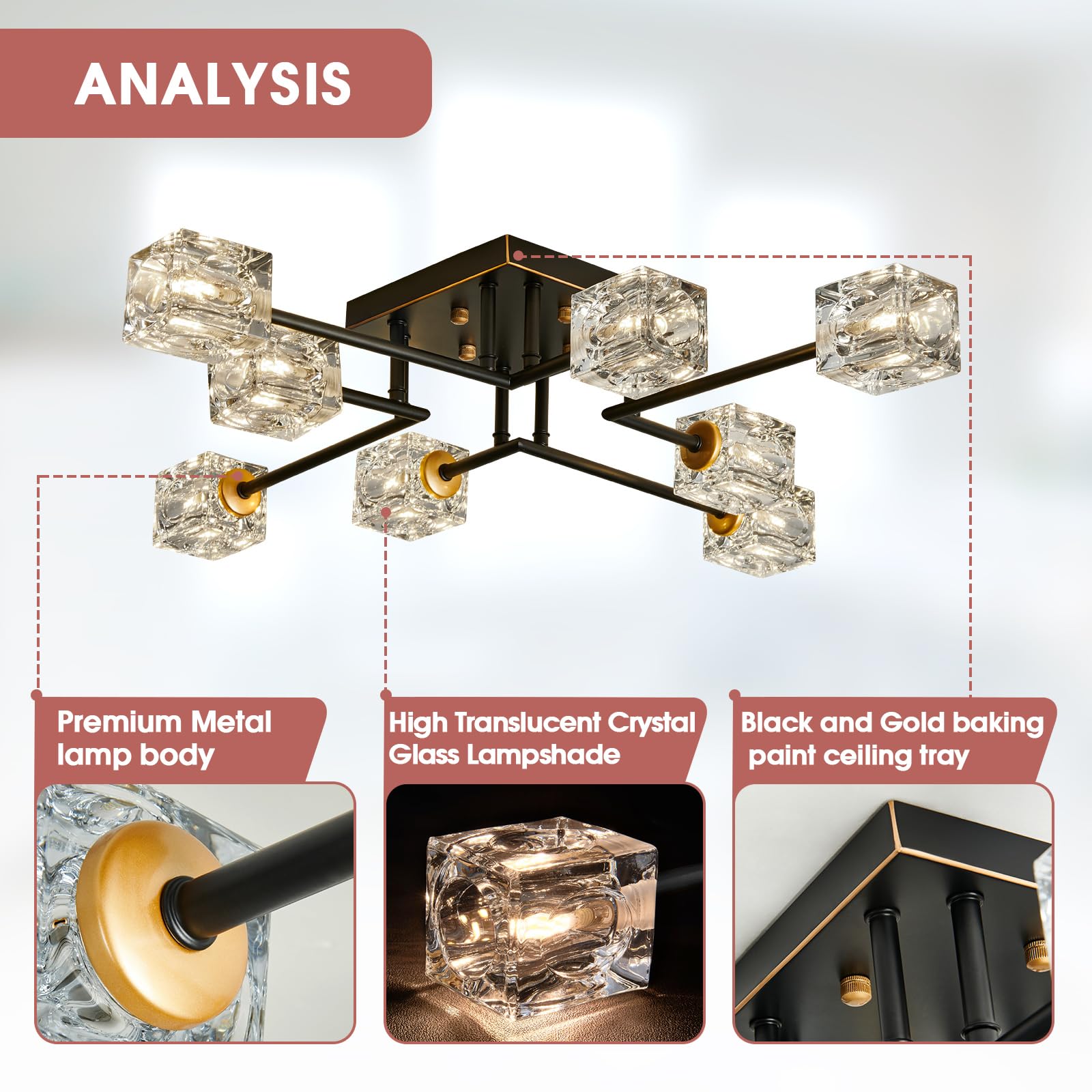 Qgiytp Modern 8-Light Semi Flush Mount Ceiling Light Fixture Black And Gold Chandelier Farmhouse Ceiling Lamp For Dining Room Be